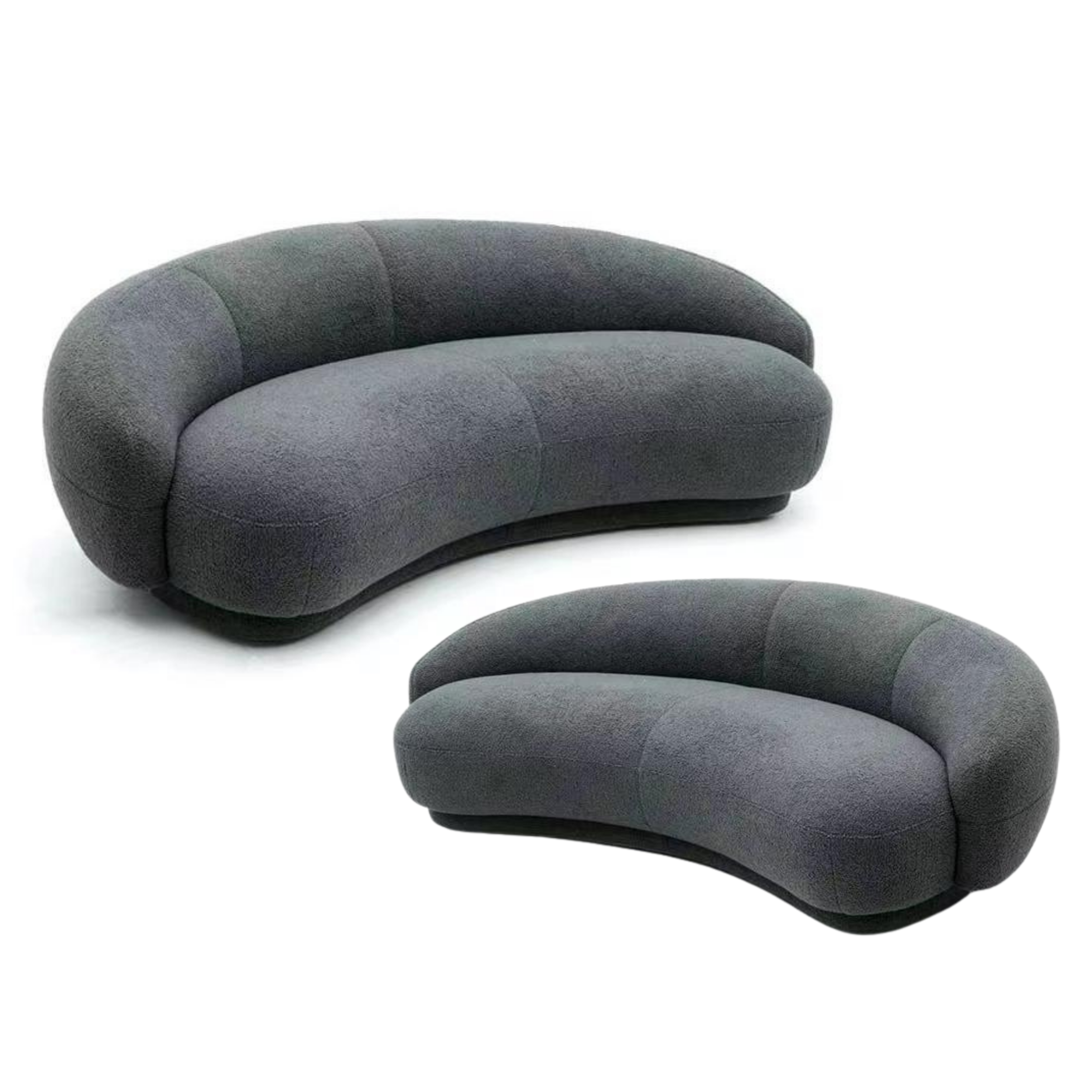 A modern, dark grey, curved upholstered sofa with black feet on a white background.