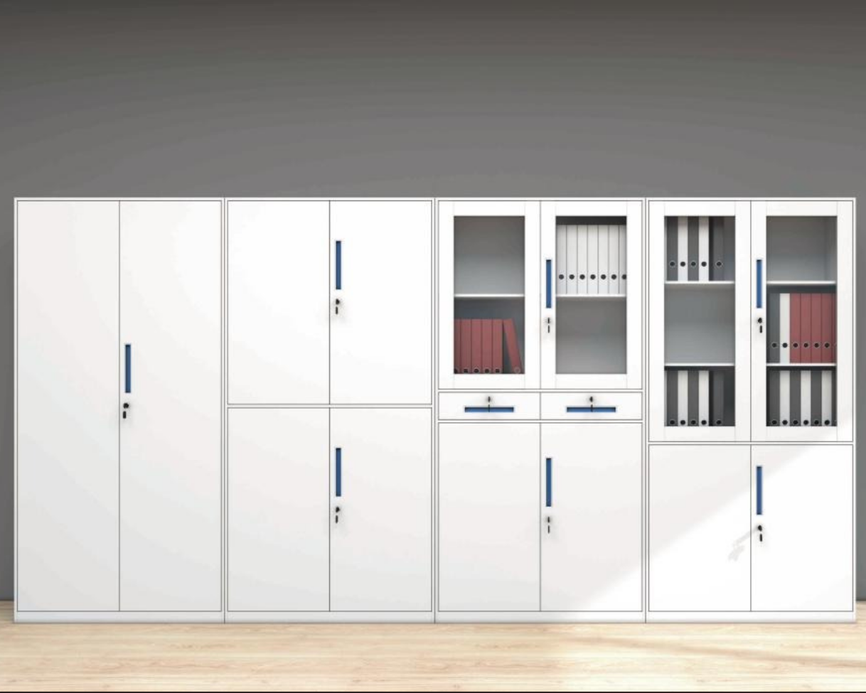 White storage cabinets with blue handles, some with glass doors showing binders inside, against a gray wall and light wood floor.