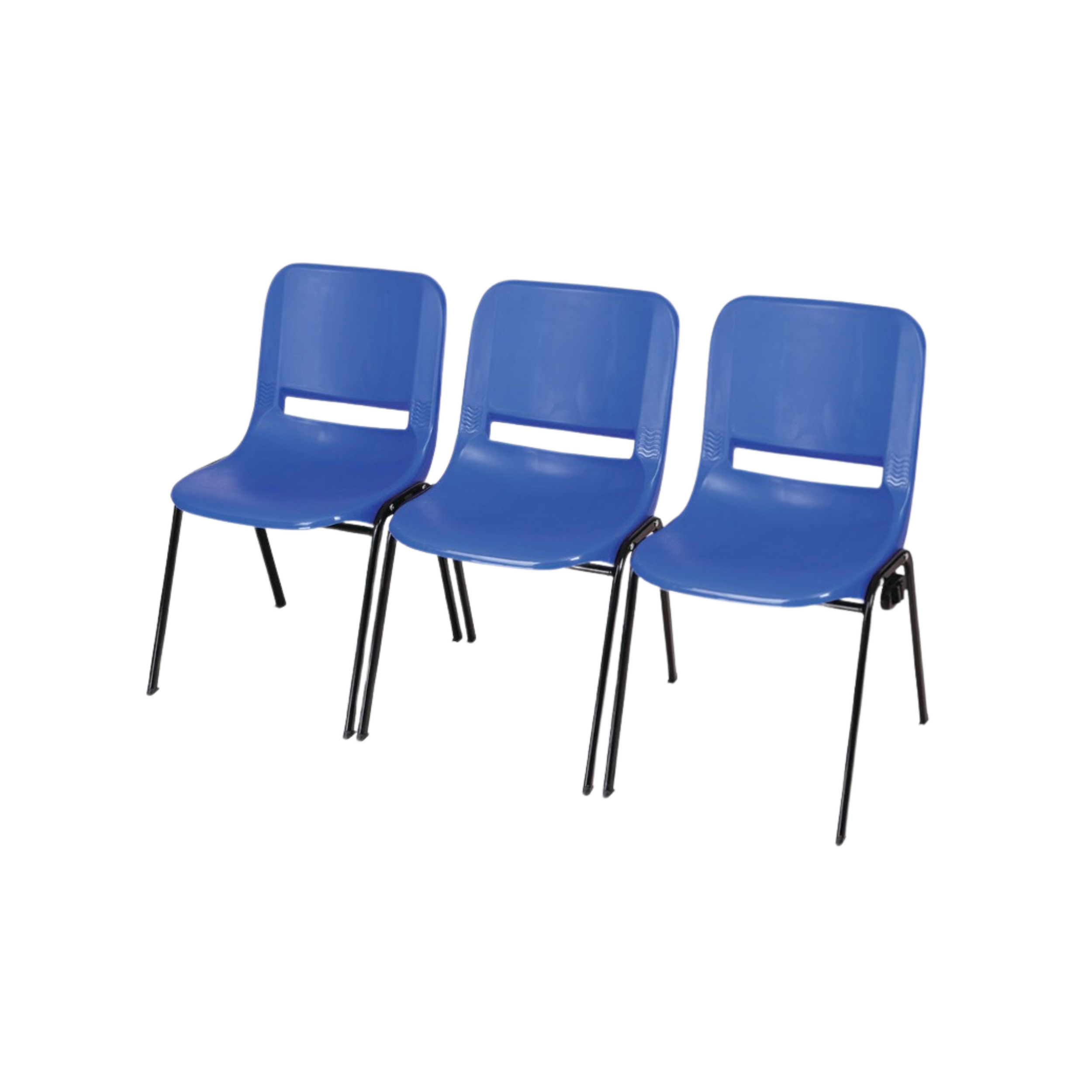 Three blue plastic chairs aligned side by side against a black background.