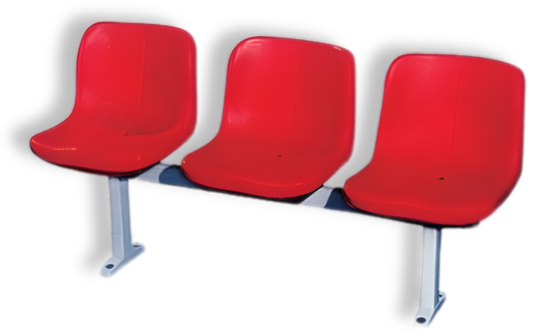 Three red connected seats in a row, commonly found in waiting areas or stadiums, mounted on a single metal frame.