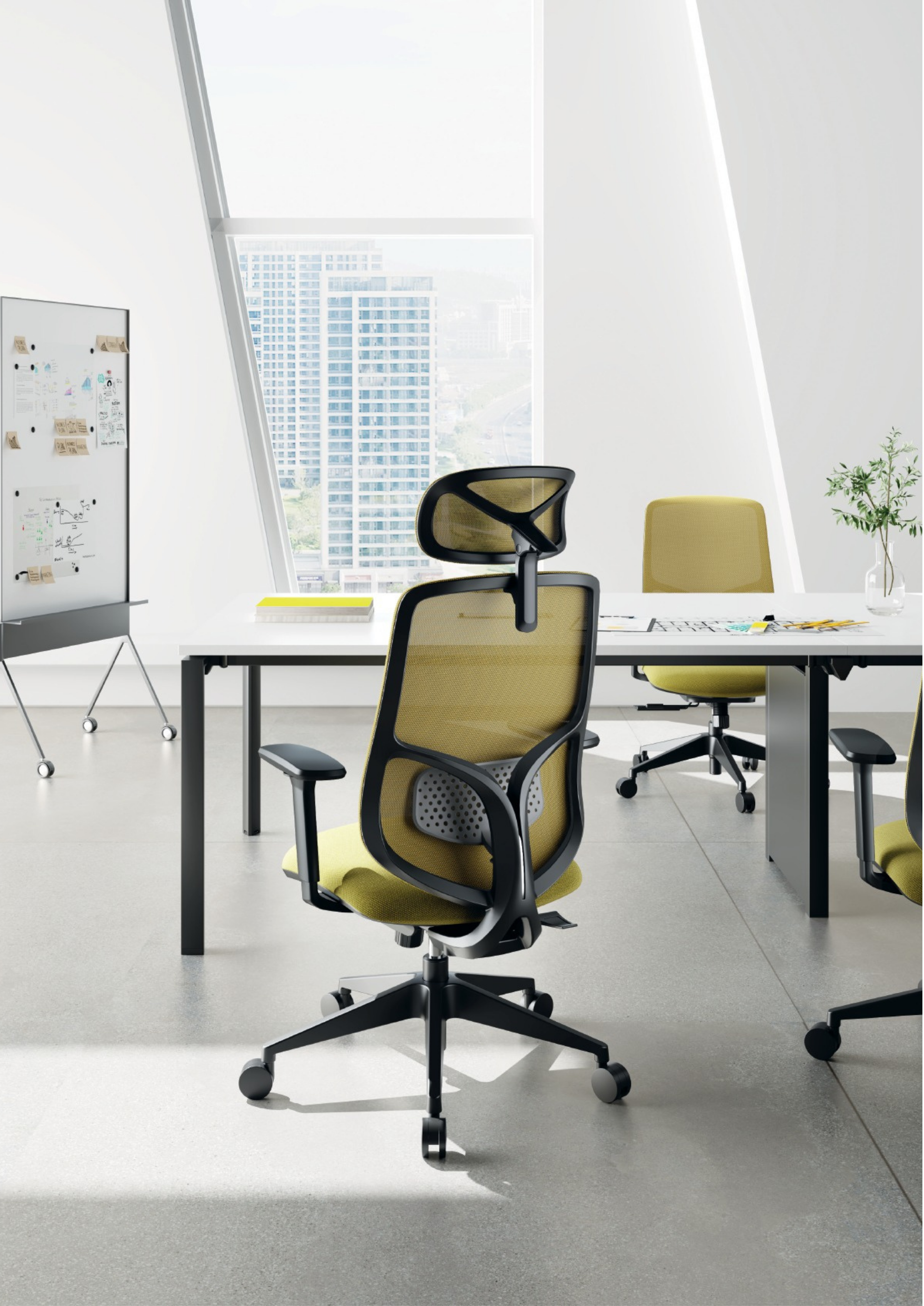 Modern office with large window view of a cityscape, yellow and black office chairs, white desk, potted plant, and whiteboard