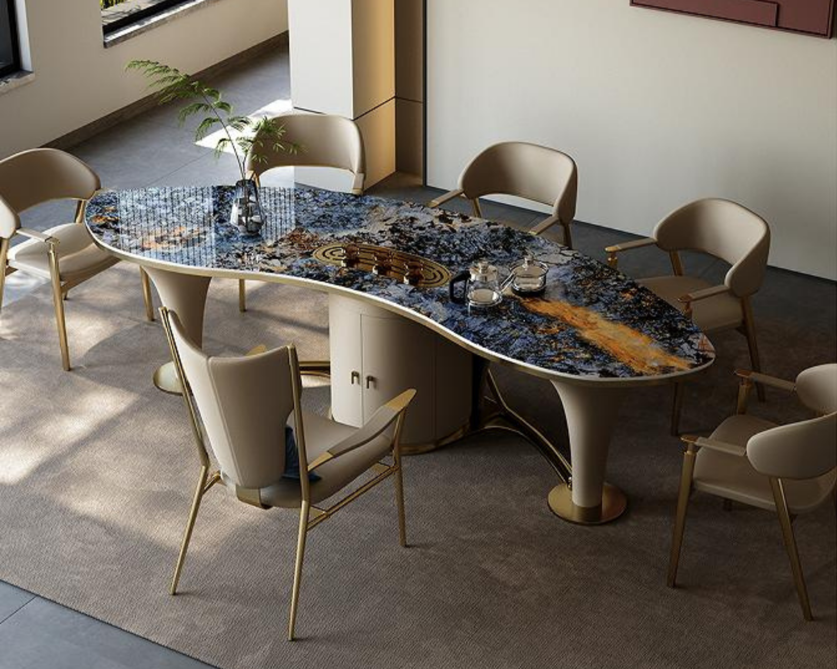 Modern office conference room with a large curvy marble table, six beige chairs with gold accents, a small potted plant, and a coffee set on the table. Natural light coming through the window, with a light-colored carpet and neutral wall decor.