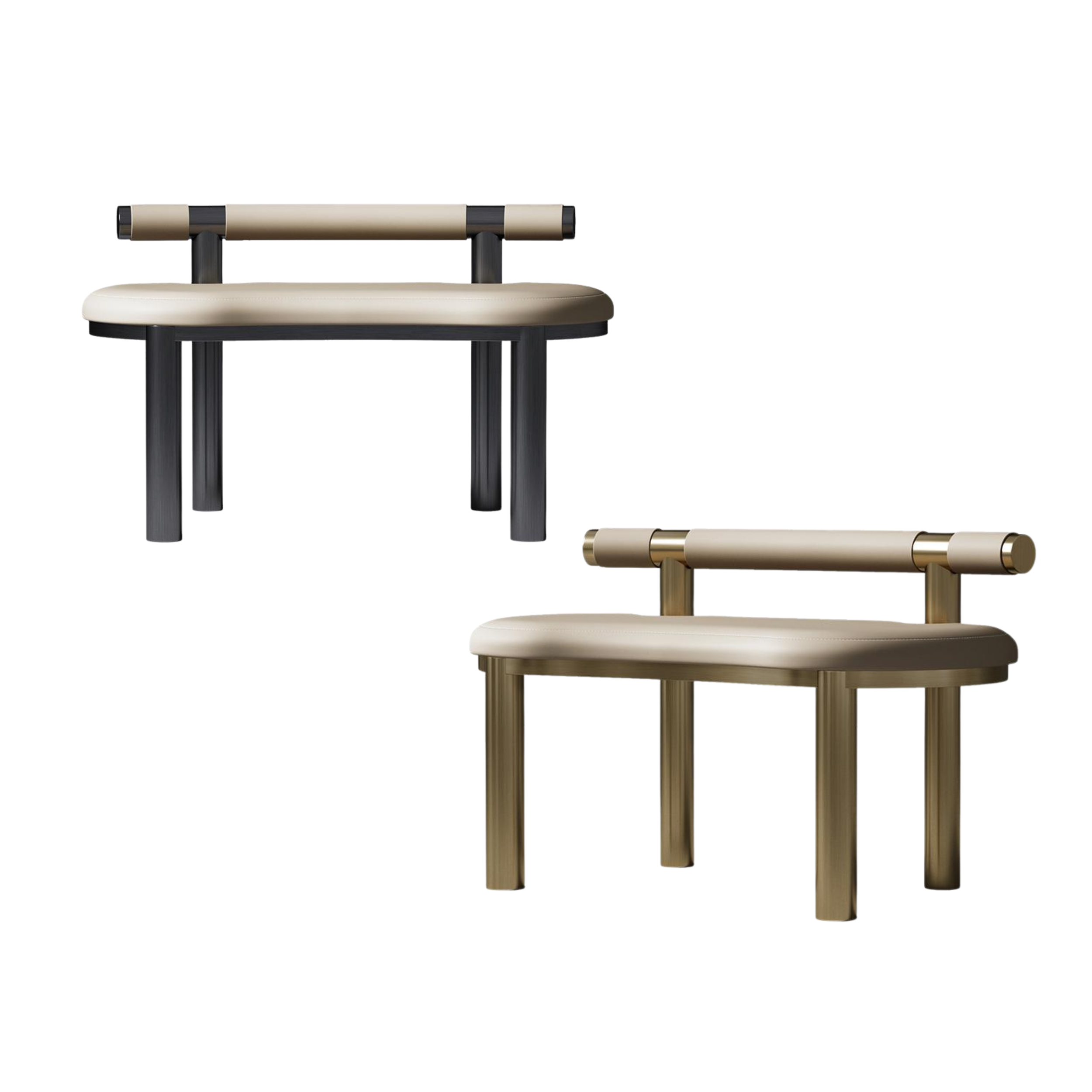 Modern chair with a beige cushioned seat and backrest, black wooden legs, and gold accents on the armrests and connecting rods.
