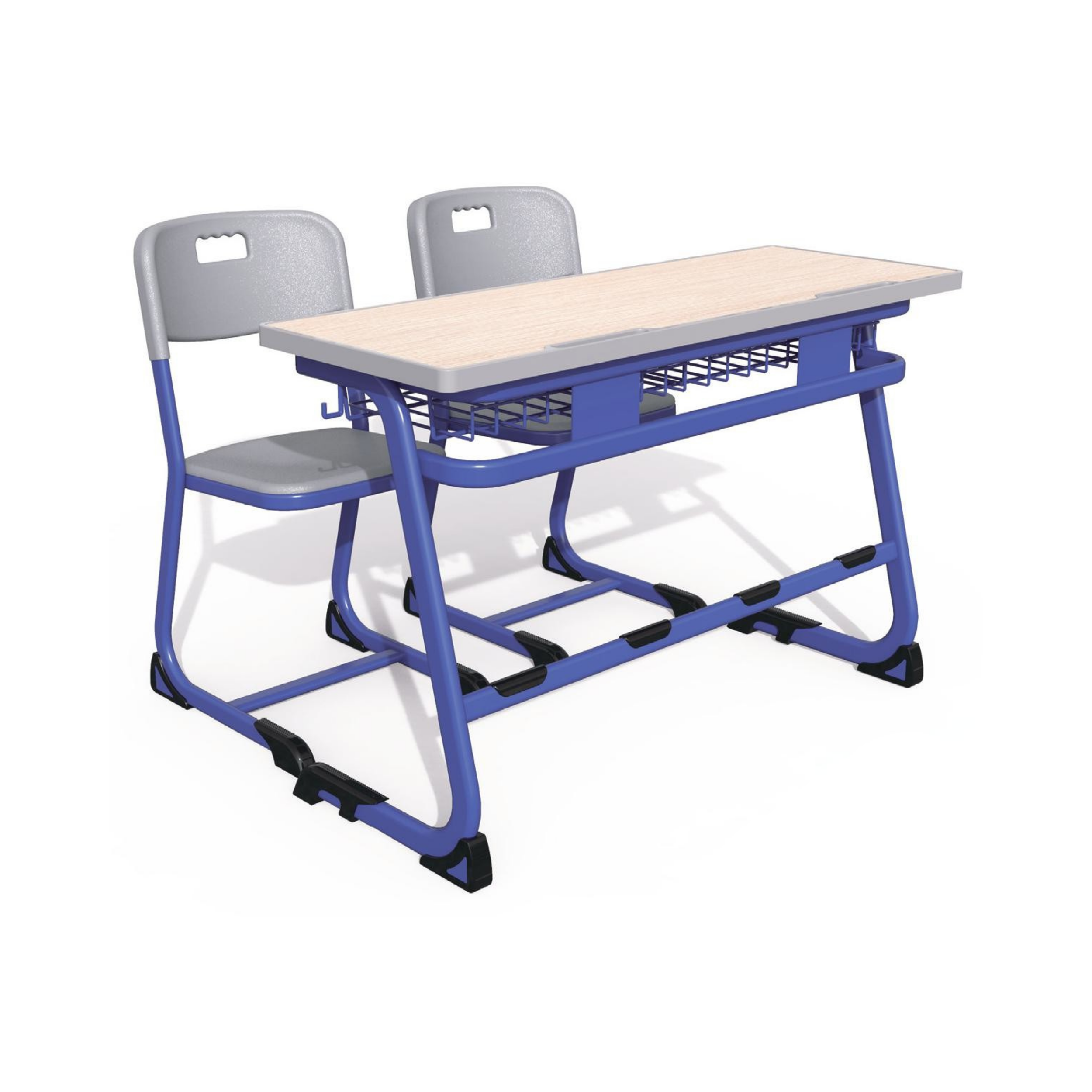 School desk with a beige laminated top and blue metal frame, paired with two gray plastic chairs with cutout handles in the backrests, all set against a white background.