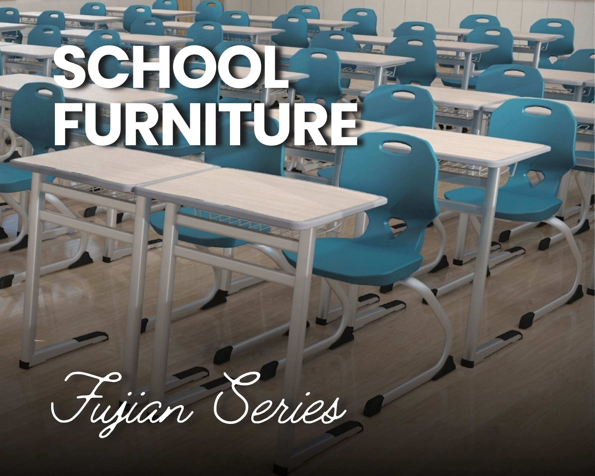 Empty classroom with blue chairs and light-colored desks arranged in rows, with a white wall in the background. Overlaid text reads 'SCHOOL FURNITURE' in large, bold white letters, with some additional cursive text visible at the bottom.