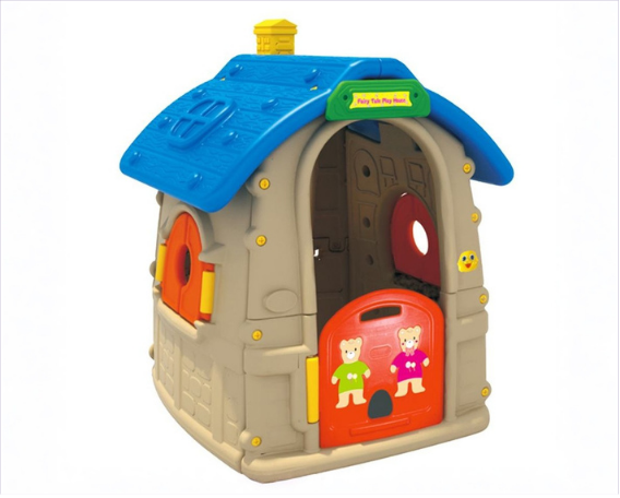 Colorful plastic children's playhouse with a blue roof, beige walls, and red door decorated with cartoon characters.