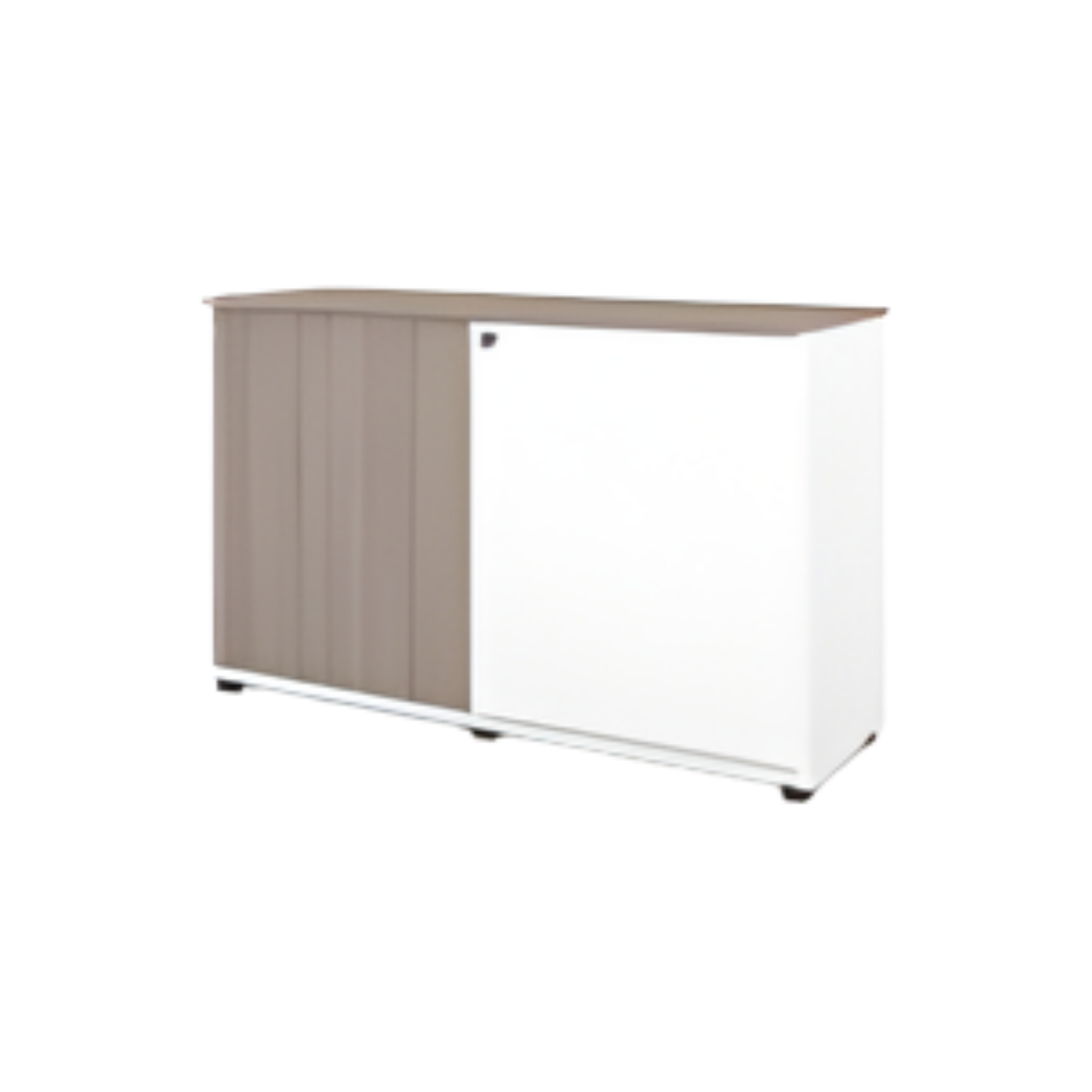 A white wooden cabinet with a flat top surface and vertical paneling on the side.