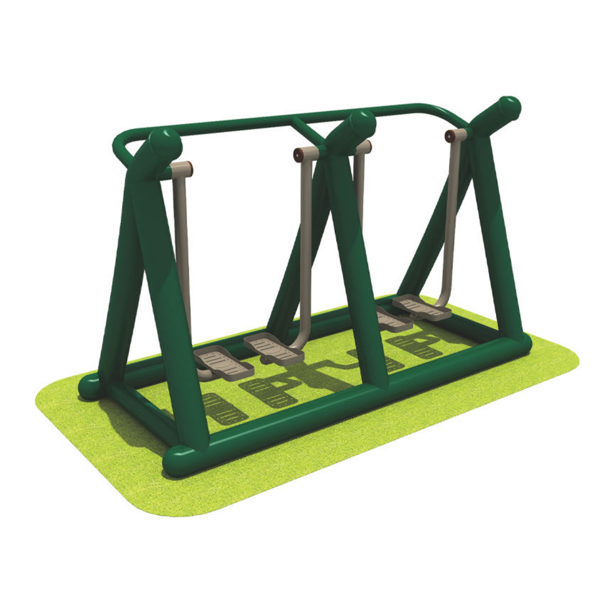 Green outdoor exercise machine for leg workouts on a bright green mat.