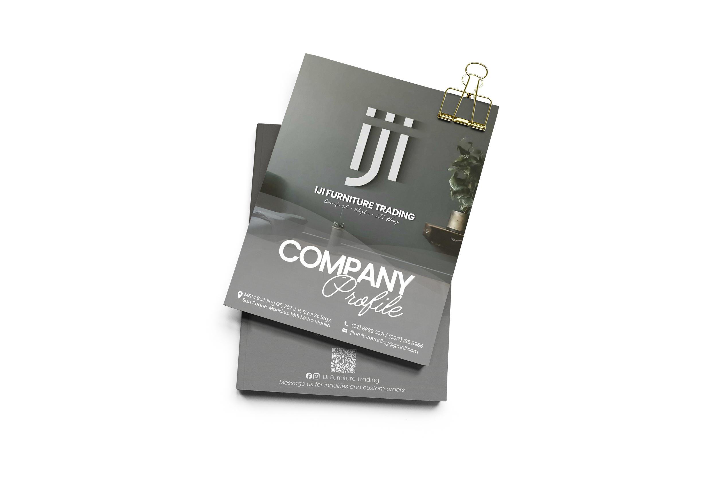 A vertical flyer for JJI Furniture Trading features a modern interior with a potted plant, and the company's logo in large letters. The flyer includes contact information, a QR code, and social media icons.