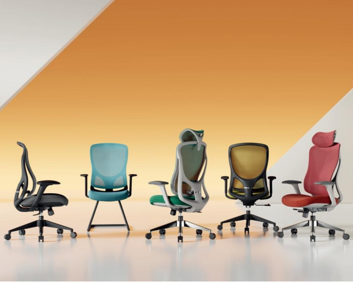 Five different ergonomic office chairs in a row on a light-colored floor against a wall with an orange and white geometric background.