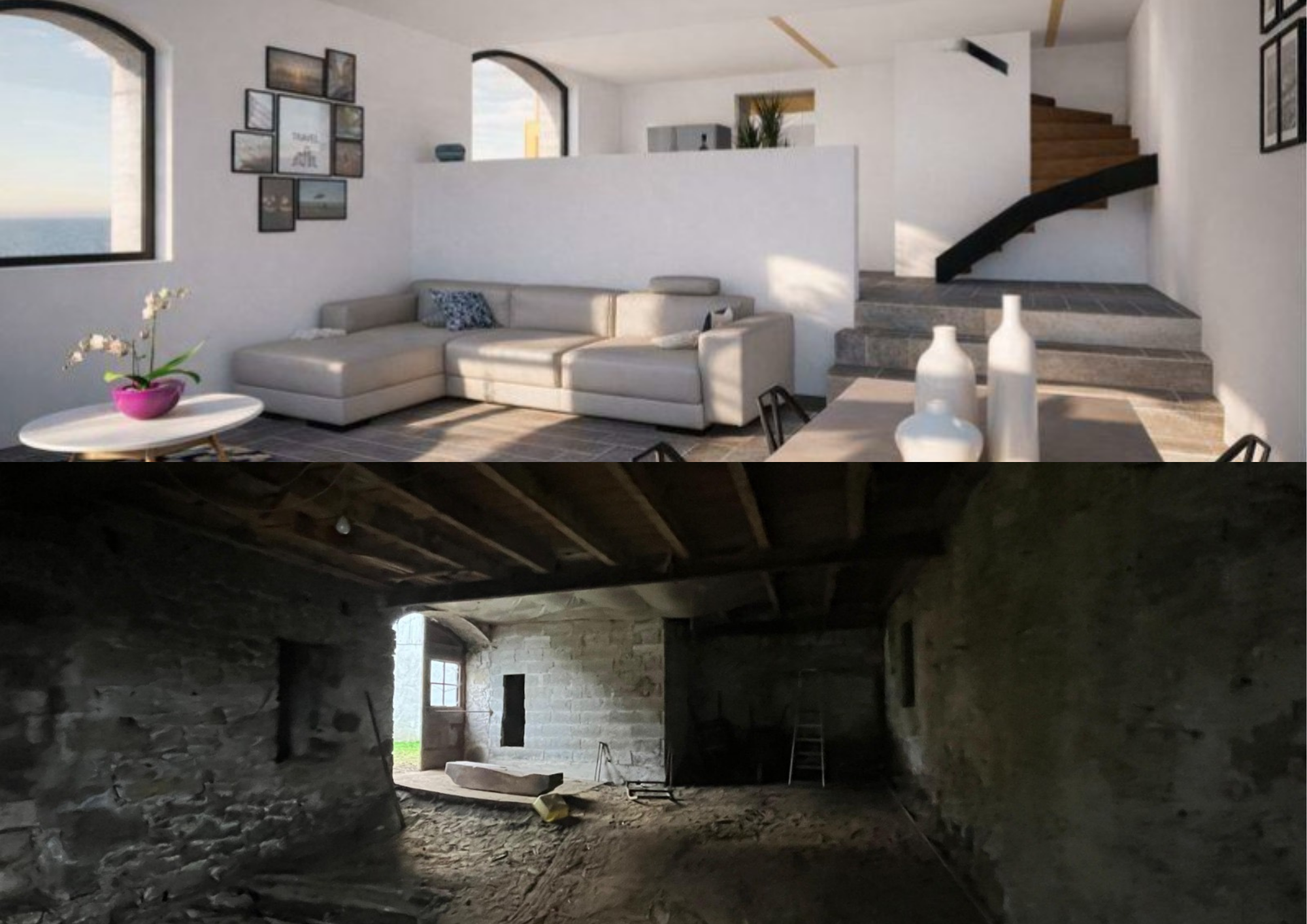 Salon moderne avec canapé beige, table basse ronde avec plante en pot rose, et table à manger en bois avec vases blanches, près de fenêtres en arceau laissant entrer la lumière naturelle.