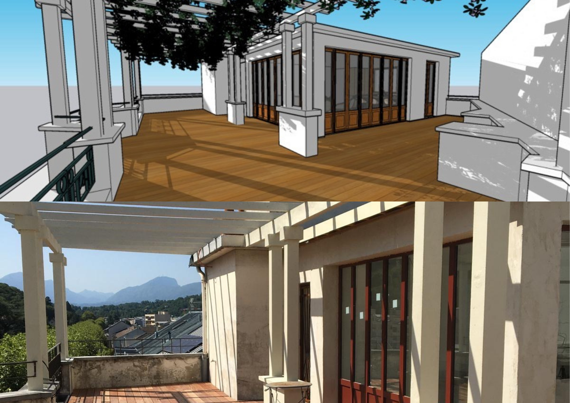Balcon en bois avec pergola, arbres au-dessus, bâtiment en verre et bois, murs en béton, vue dégagée