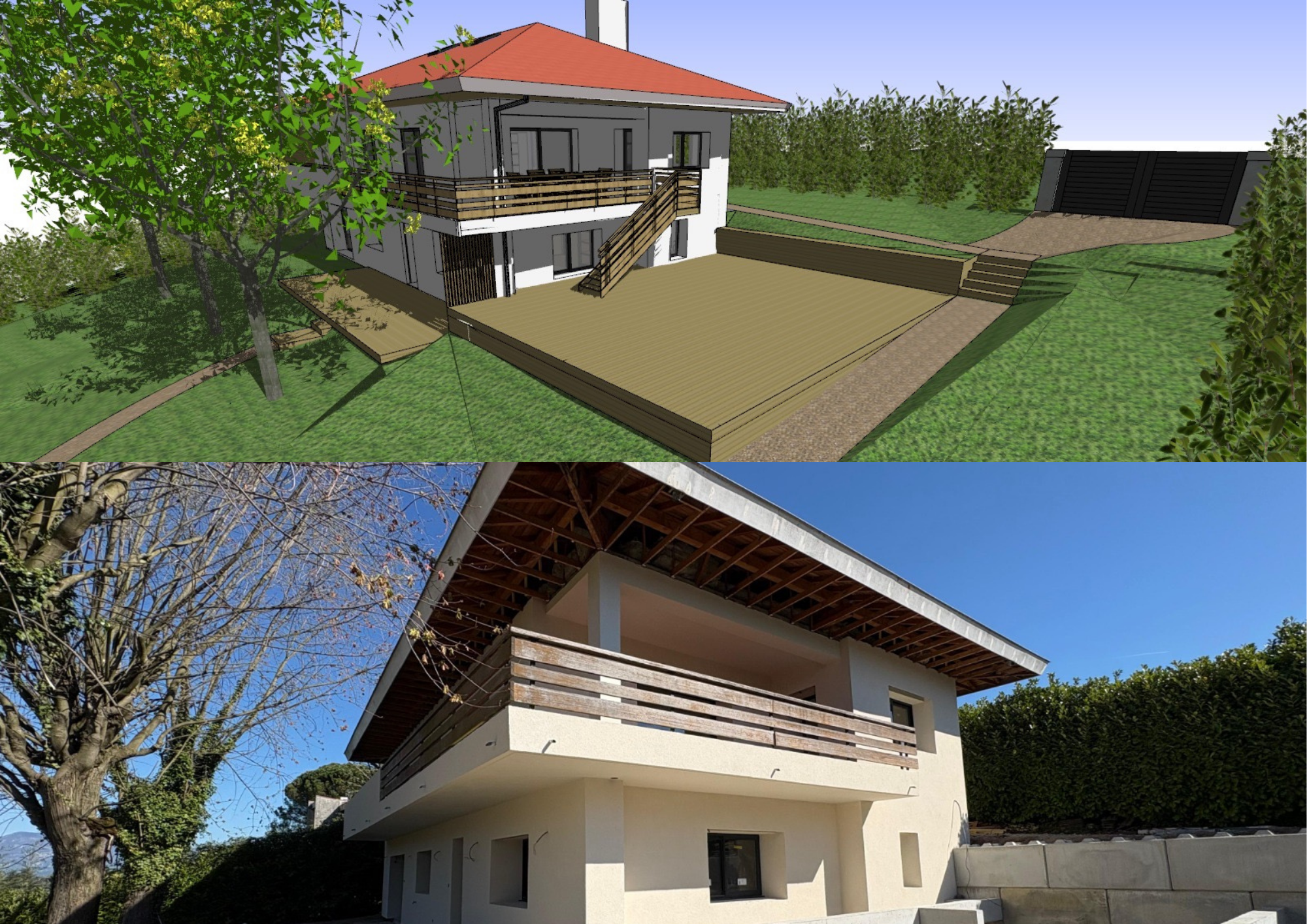 Modèle 3D d'une maison avec terrasse et escalier extérieur, entourée d'arbres et d'un espace vert