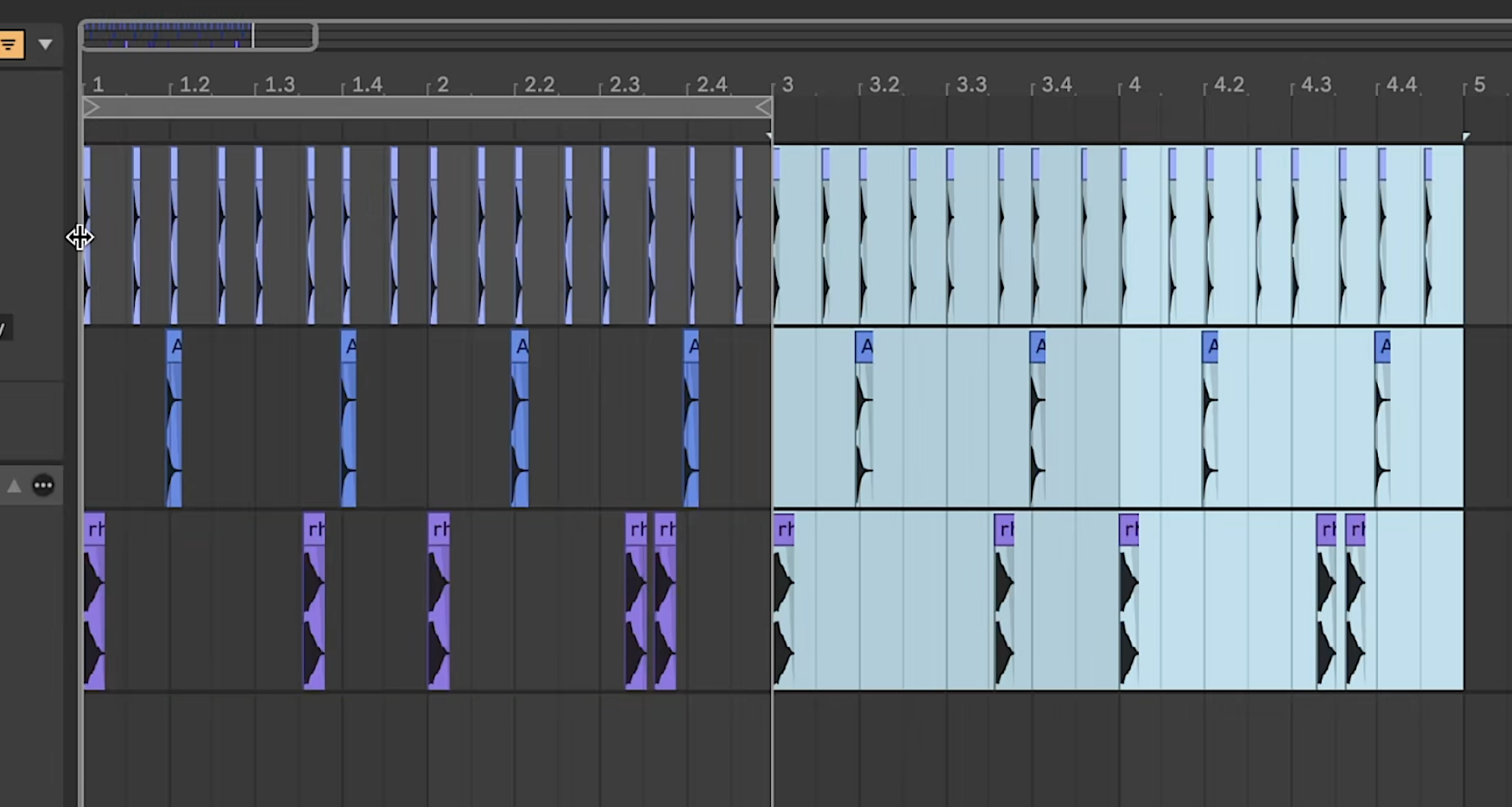 Screenshot of a digital audio workstation showing multiple tracks with waveforms in different colors, indicating music editing and mixing.