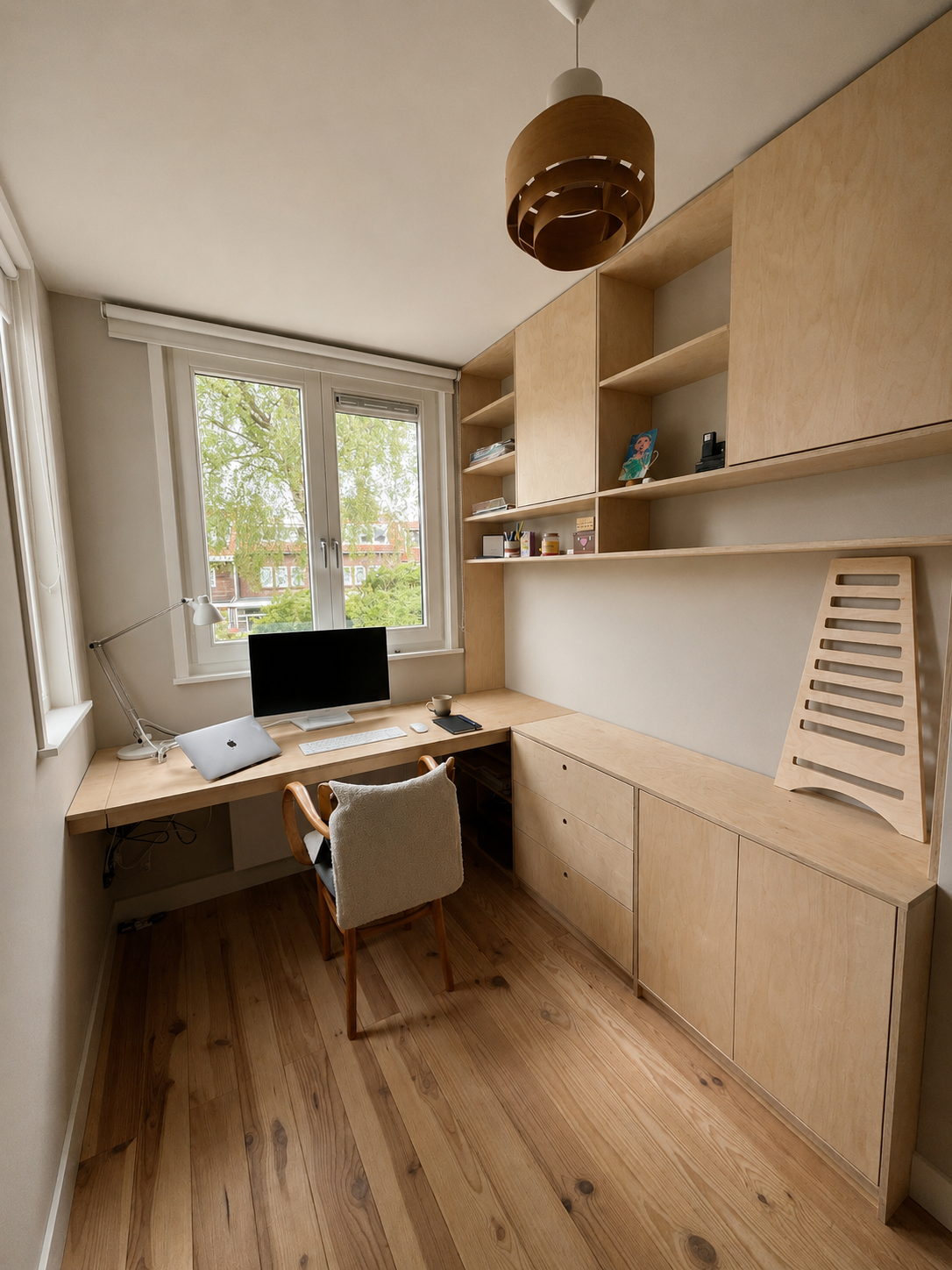 Kantoor met houten meubelen, een bureau met een monitor, laptop, muis en kopje, een stoel met stoffen bekleding, boekenplanken met diverse spullen, een raam met uitzicht op bomen en huizen, en een plafondlamp.