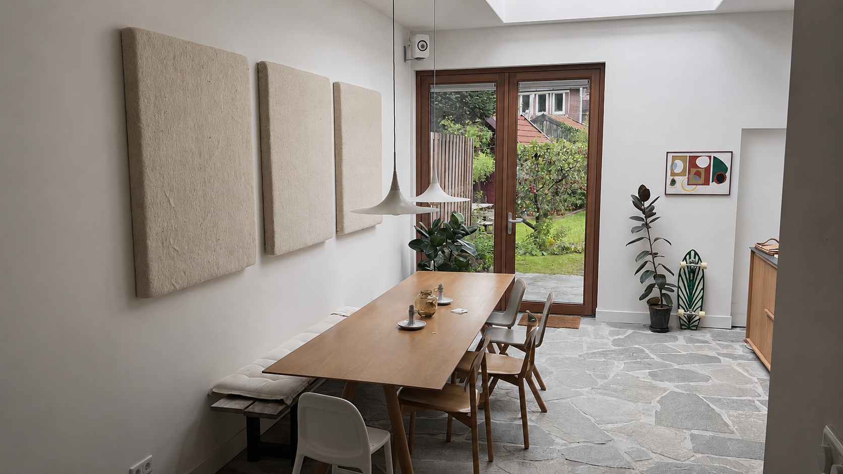 Eethoek met houten tafel, witte en houten stoelen, grote raam met tuin, wanddecoraties, planten, en moderne hanglampen.