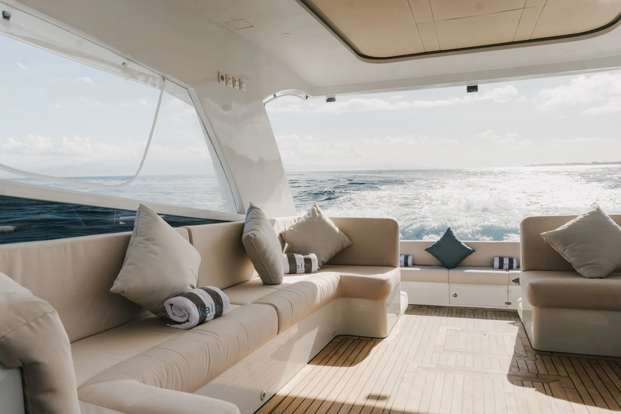 Comfortable indoor seating aboard Kalm Charters