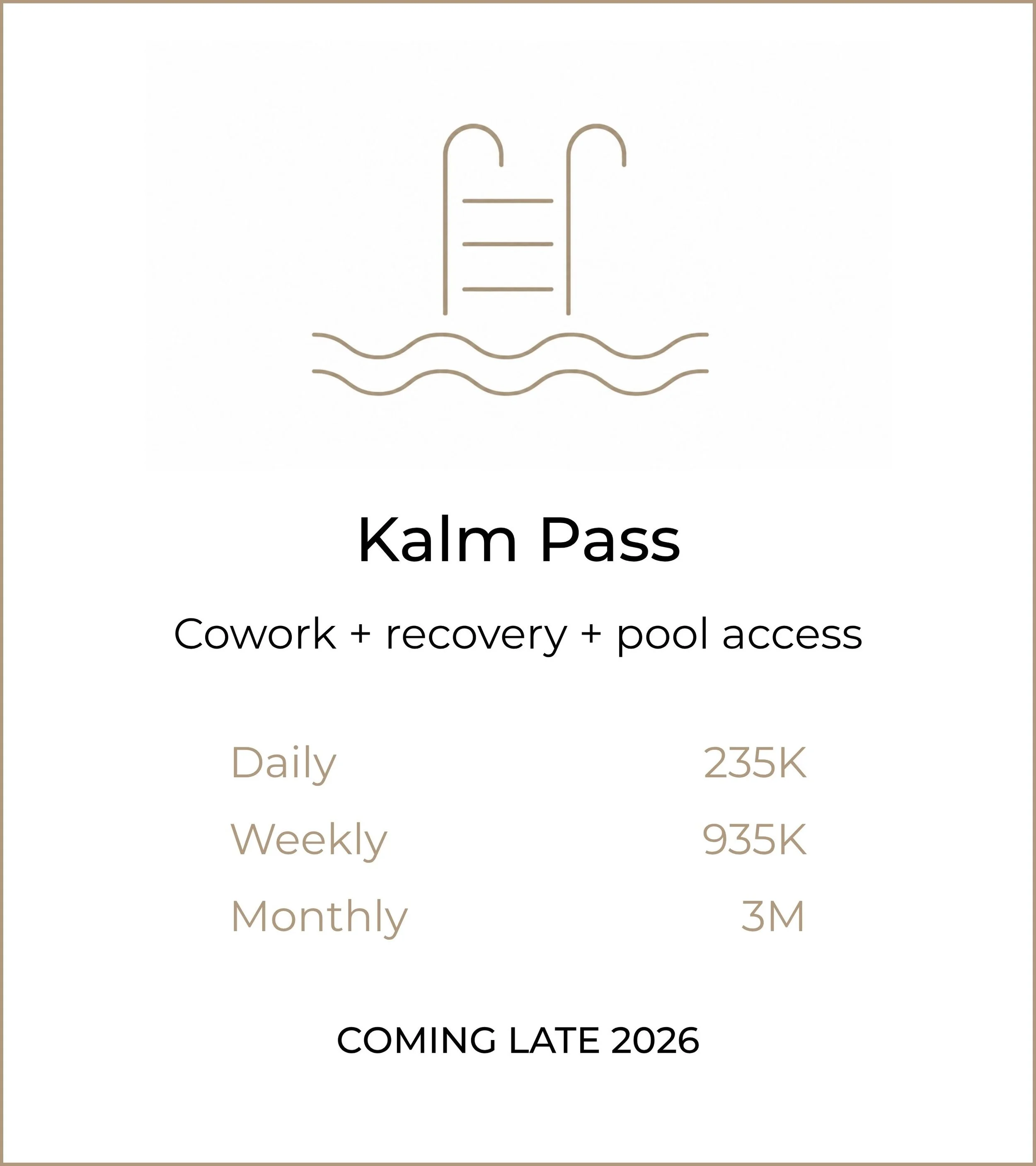 An announcement about Kale Pass, a co-workspace with recovery and pool access, opening late 2026. Information about daily, weekly, and monthly pricing is included.