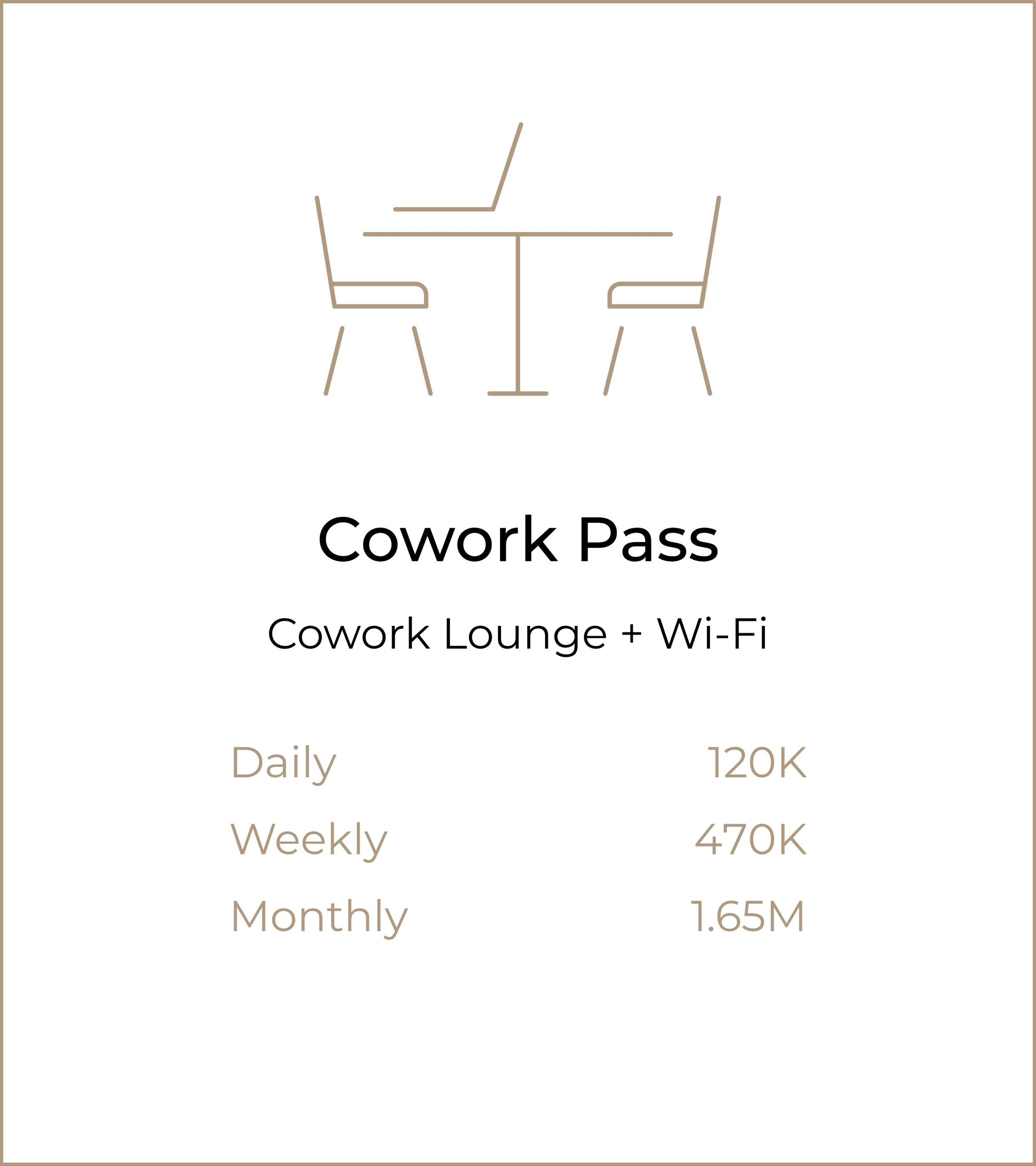Kalm Cowork Pass for Cowork Lounge and Wi-Fi access. Daily IDR 120K, weekly IDR 470K and monthly IDR 1.65M.