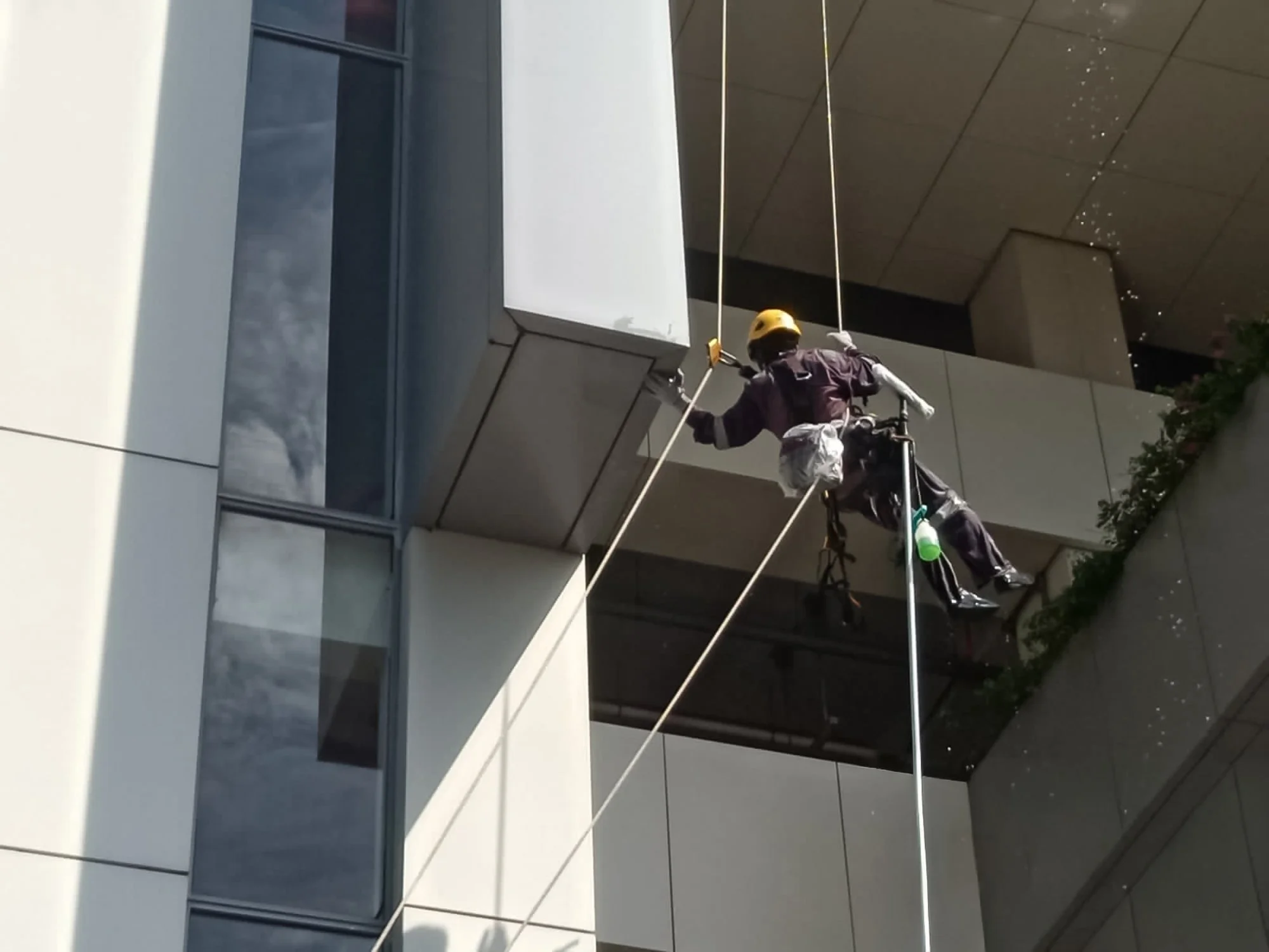 Worker in safety gear cleaning the exterior windows of a modern building in Brunei.