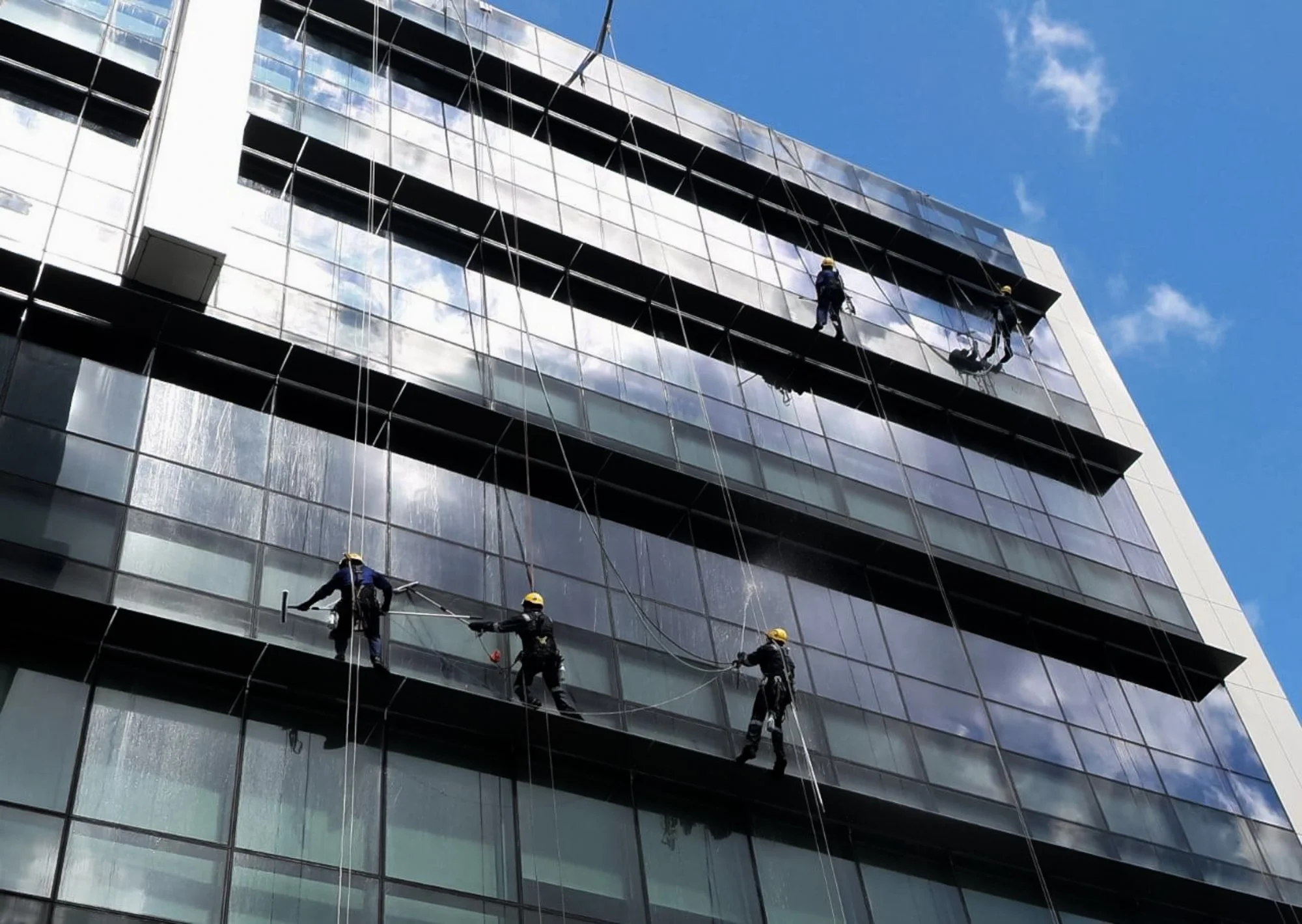Professional abseiling team cleaning windows on the exterior of a glass building in Brunei.