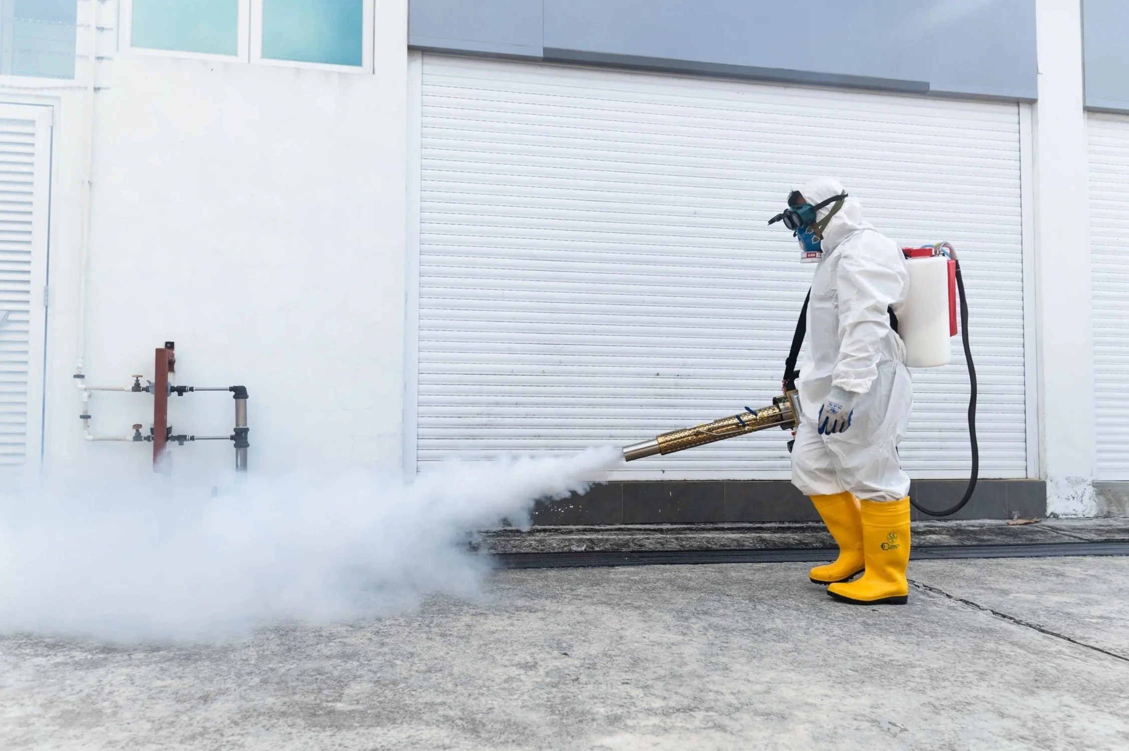 Professional mosquito fogging service carried out, in full PPE, outdoors of a commercial complex in Brunei.
