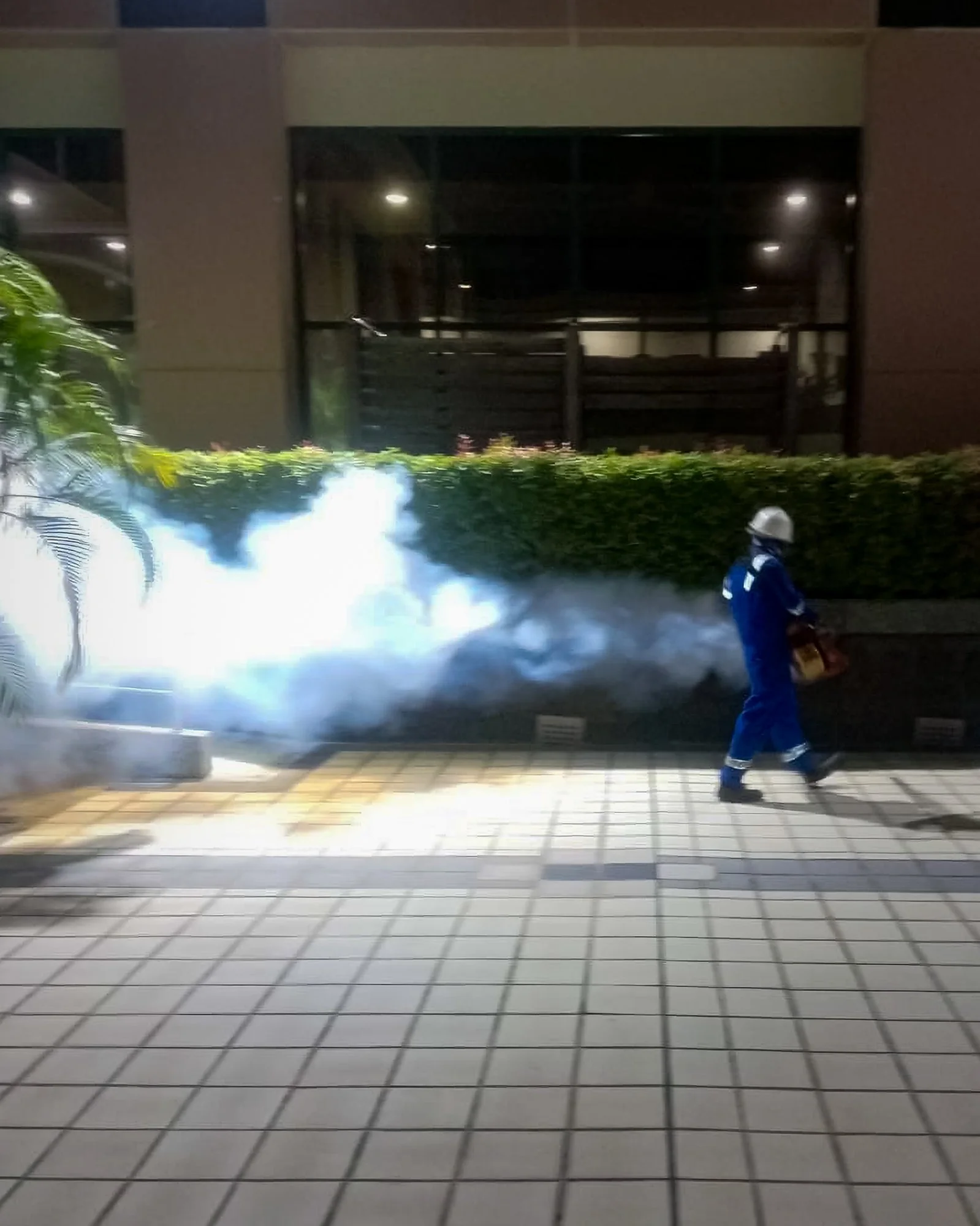 Professional mosquito fogging service carried out outdoors of a building in Brunei.