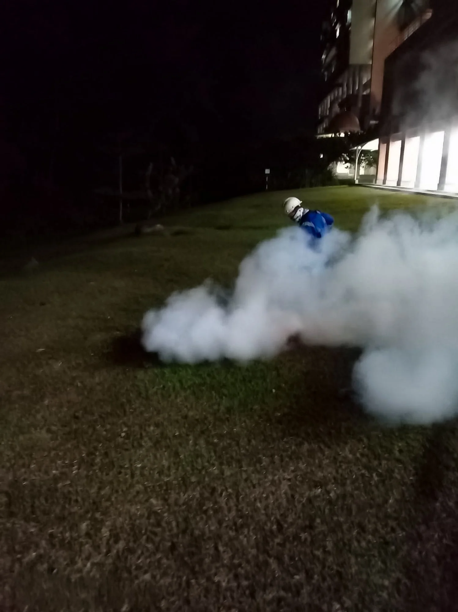 Professional mosquito fogging service carried out outdoors at night on a lawn in Brunei.