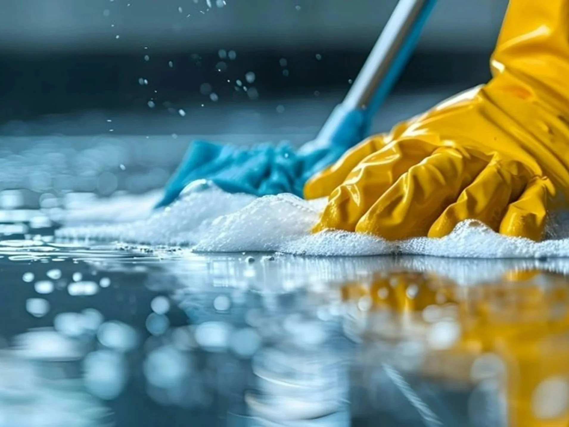A yellow cleaning glove and a mop are partially submerged in soapy water, with bubbles and water droplets splashing around.