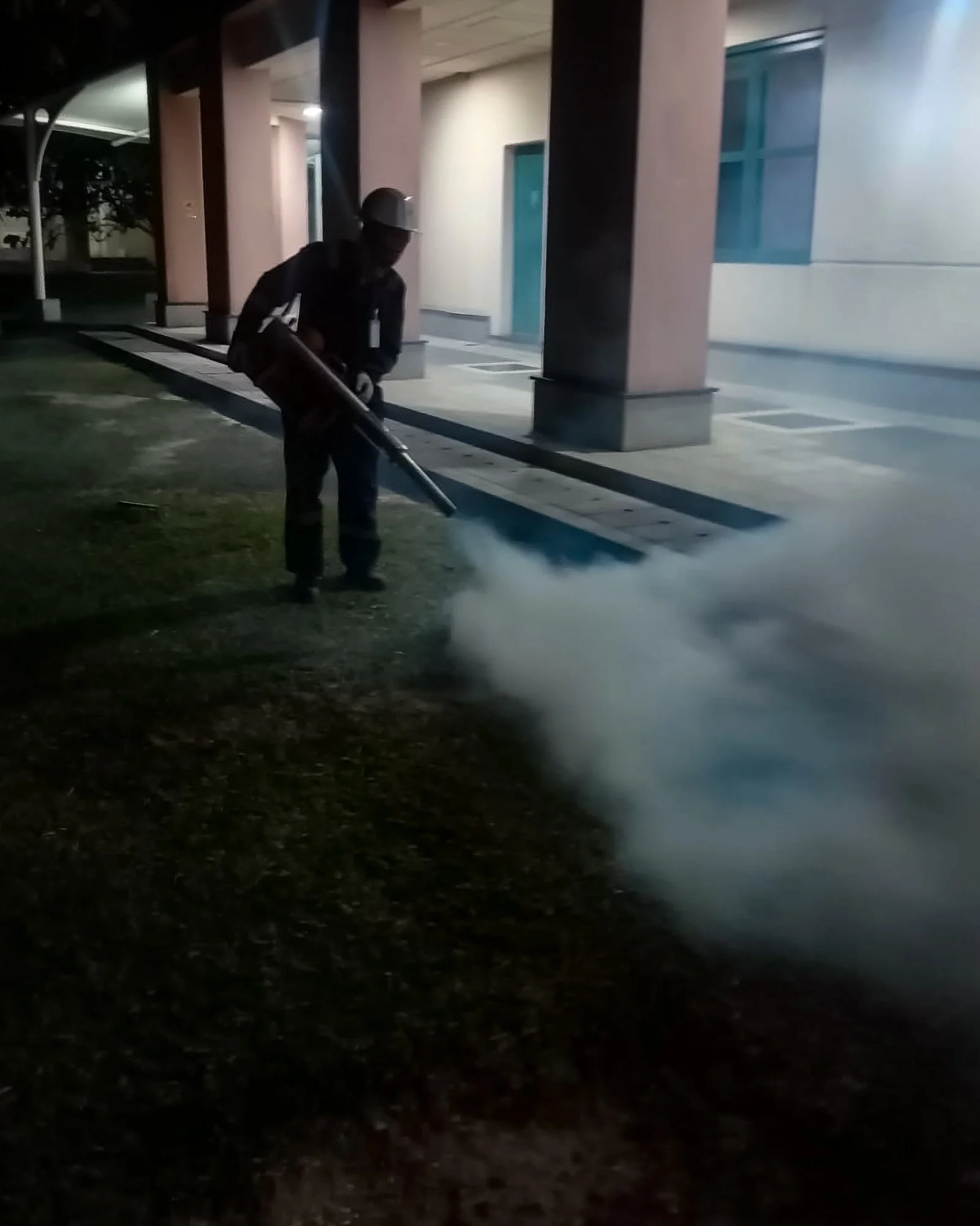 Professional mosquito fogging service carried out outdoors of a building in Brunei.