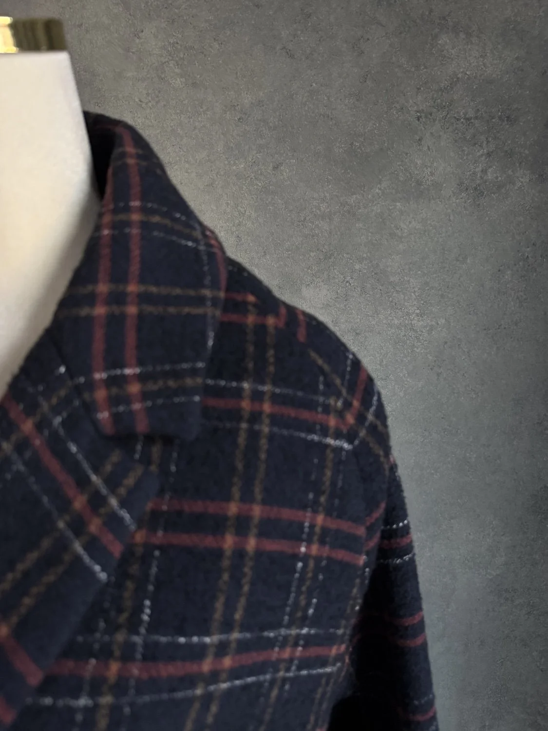 Close-up of the front panel and lapel collar.