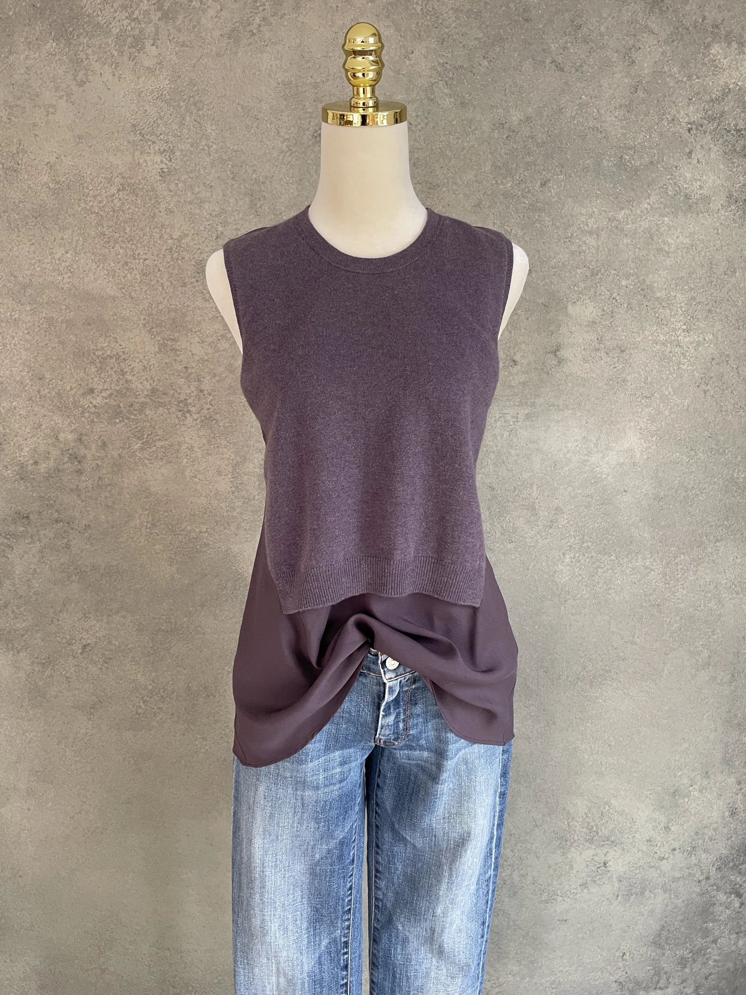 Full front view of the Brunello Cucinelli mauve silk-cashmere tunic, showcasing the refined, minimalist aesthetic