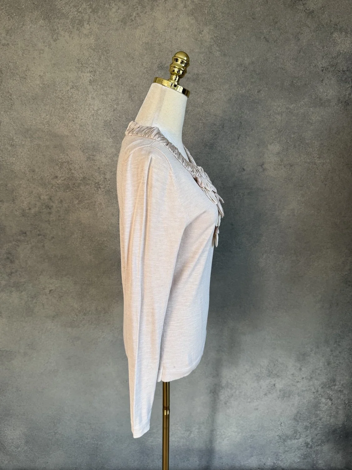 Side view of GUSTAV beige cotton and silk designer top on mannequin