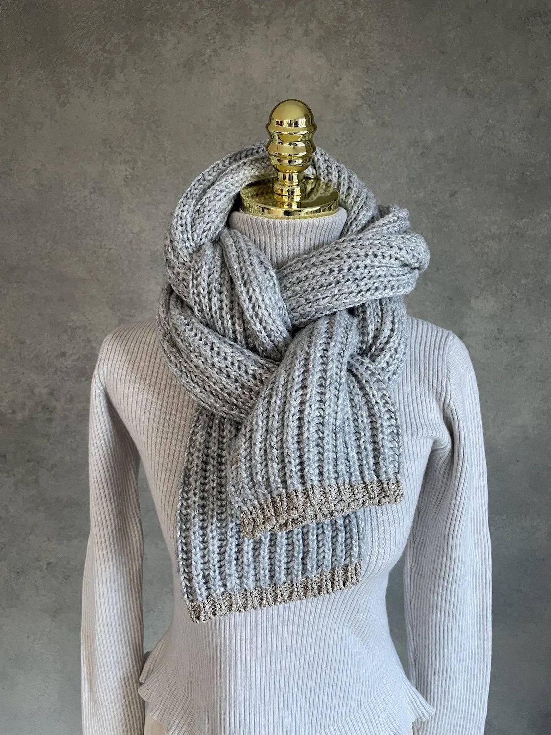 XANDRES Ribbed Knit Scarf in Grey with Gold Trim