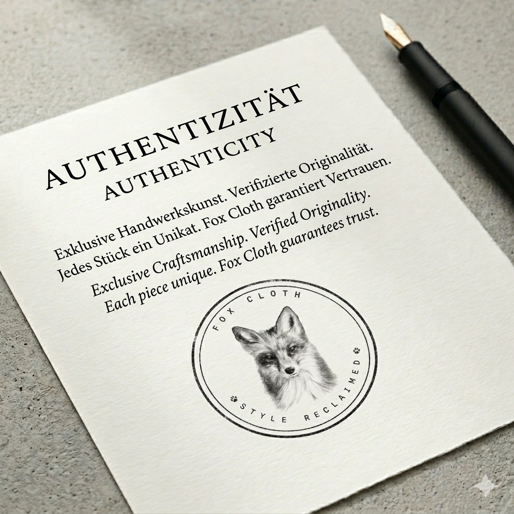 A white paper with the title 'Authenticity' and the word 'Authentizität' in German, explaining the craftsmanship and originality of a product, with a logo of a fox's head and the words 'Fox Cloth Style Reclaimed.' A black pen is beside the paper on a grey surface.