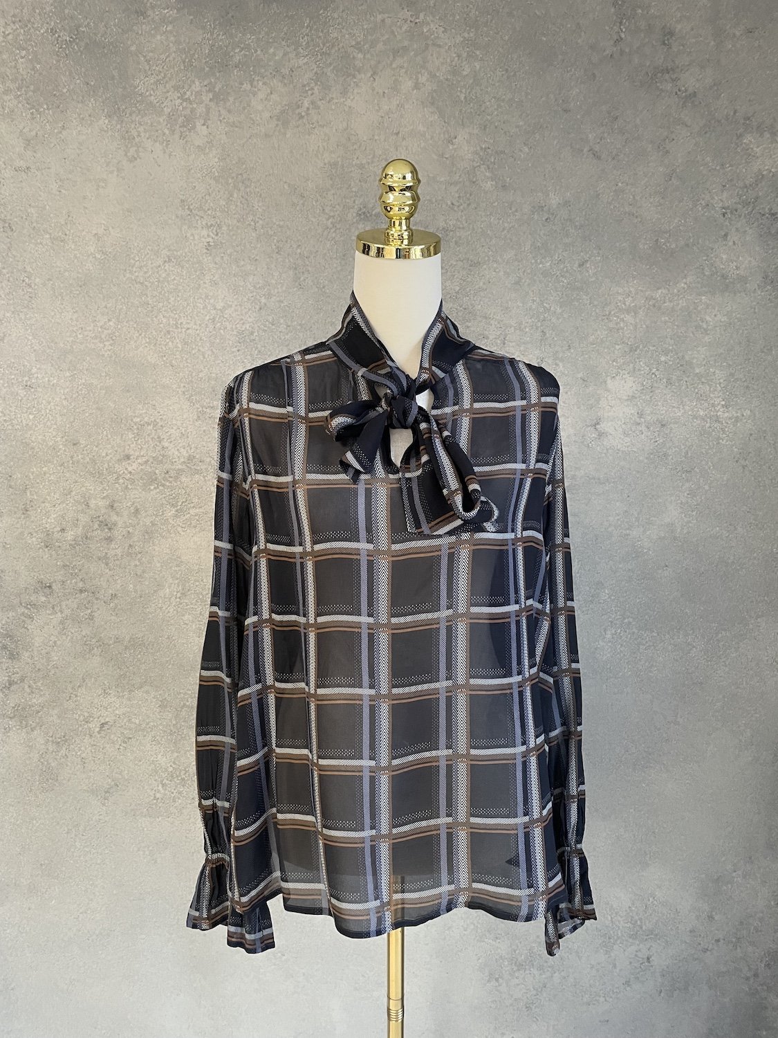CAROLINE BISS Tartan Sheer Blouse with Tie