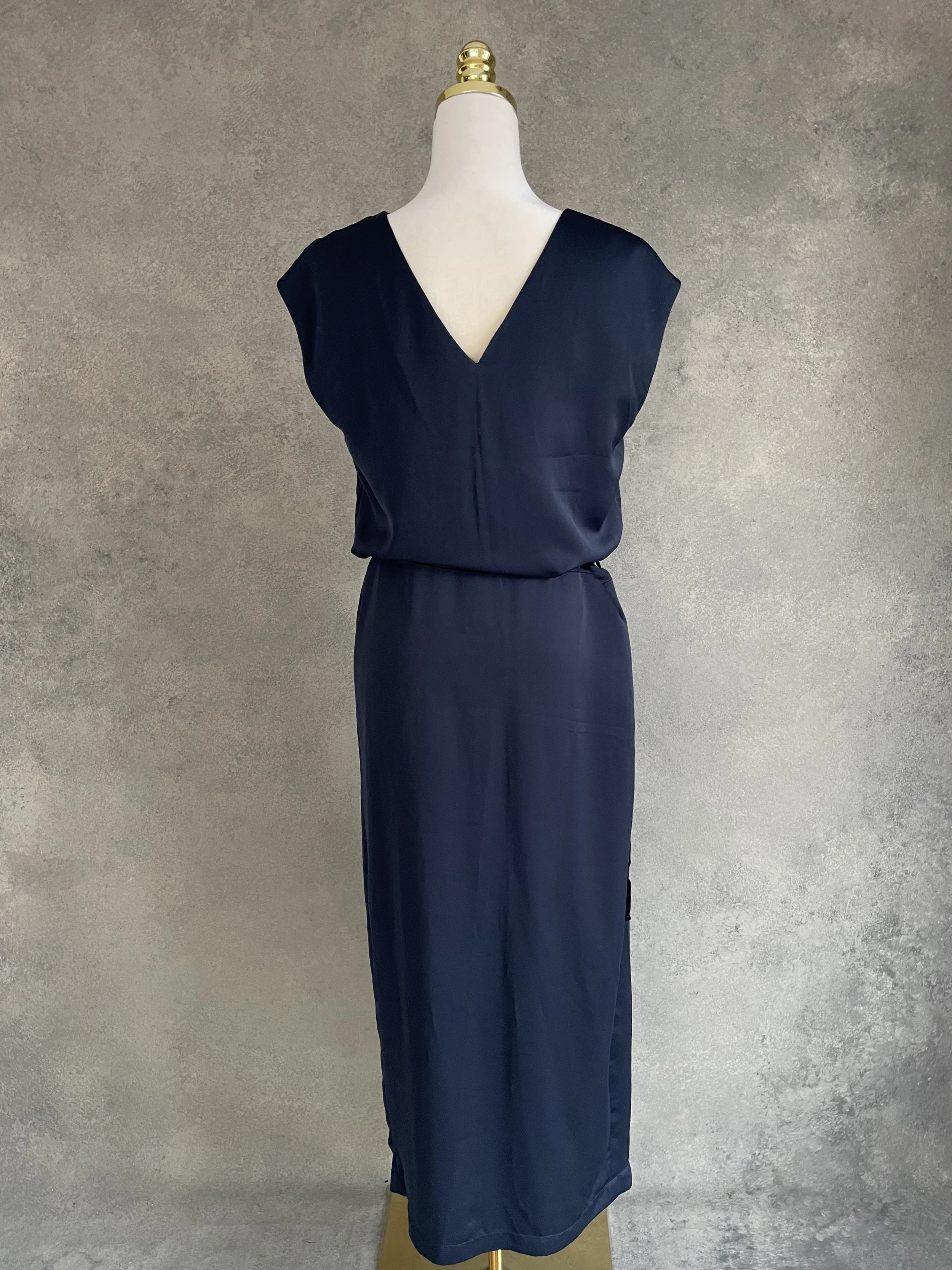 Full back view of the deep blue Rue Blanche maxi dress.