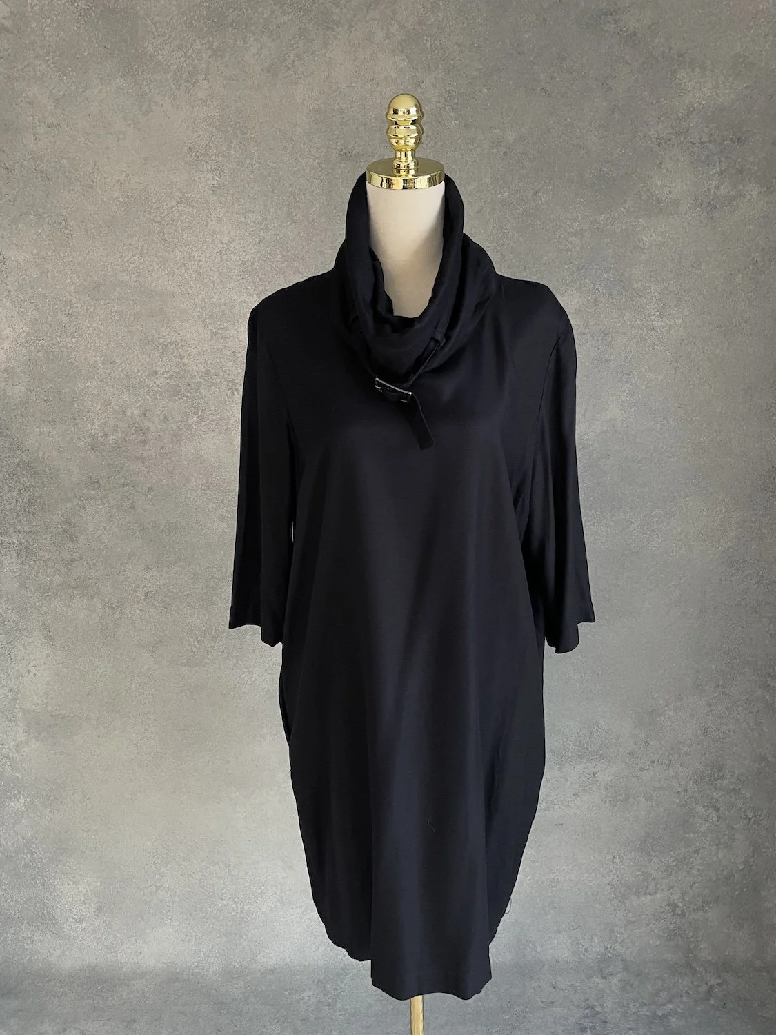 RODEBJER Black Turtleneck Dress with Belted Neck Detail and Pockets