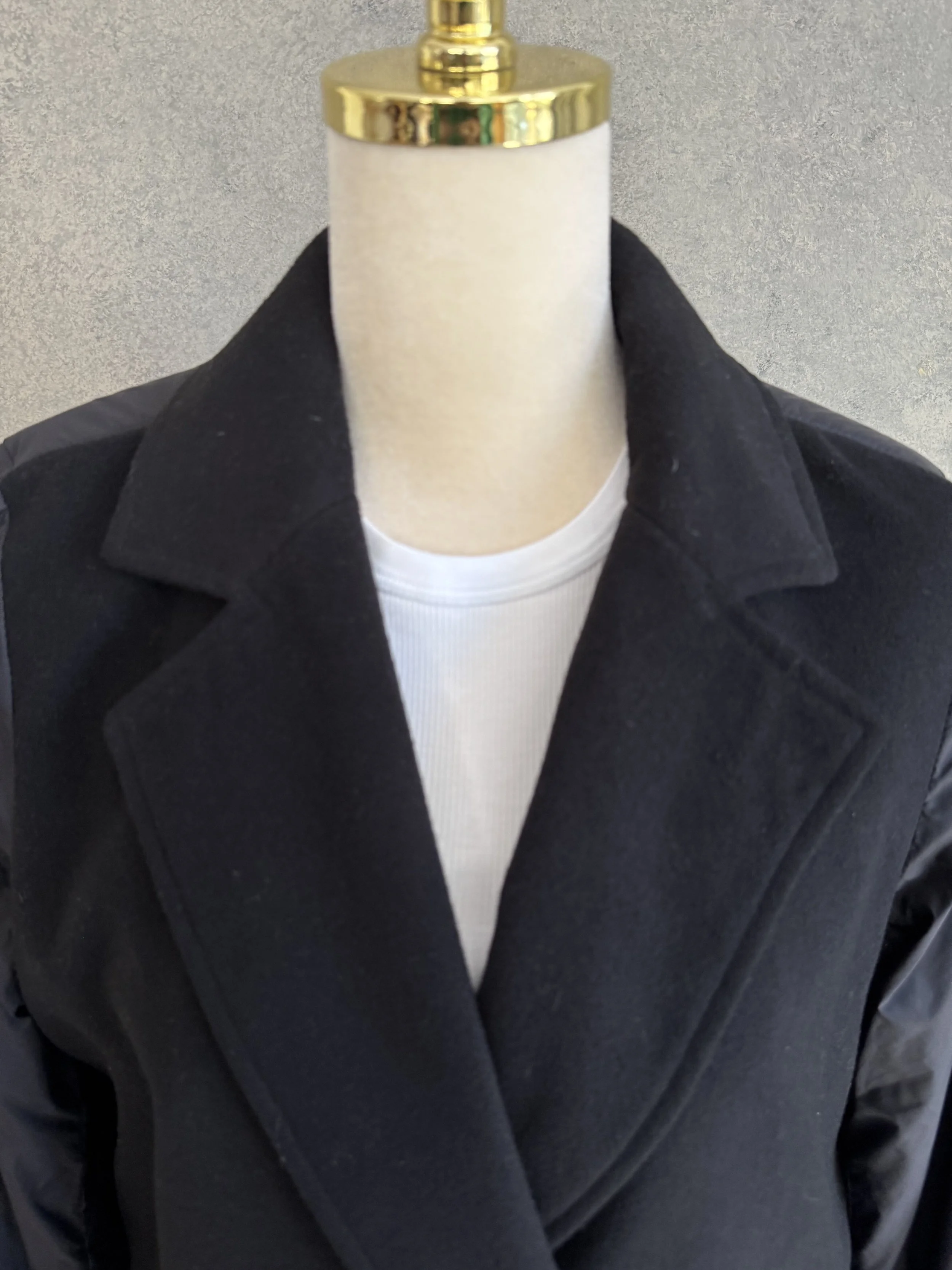 Close-up of the classic lapel collar and button placket of the coat