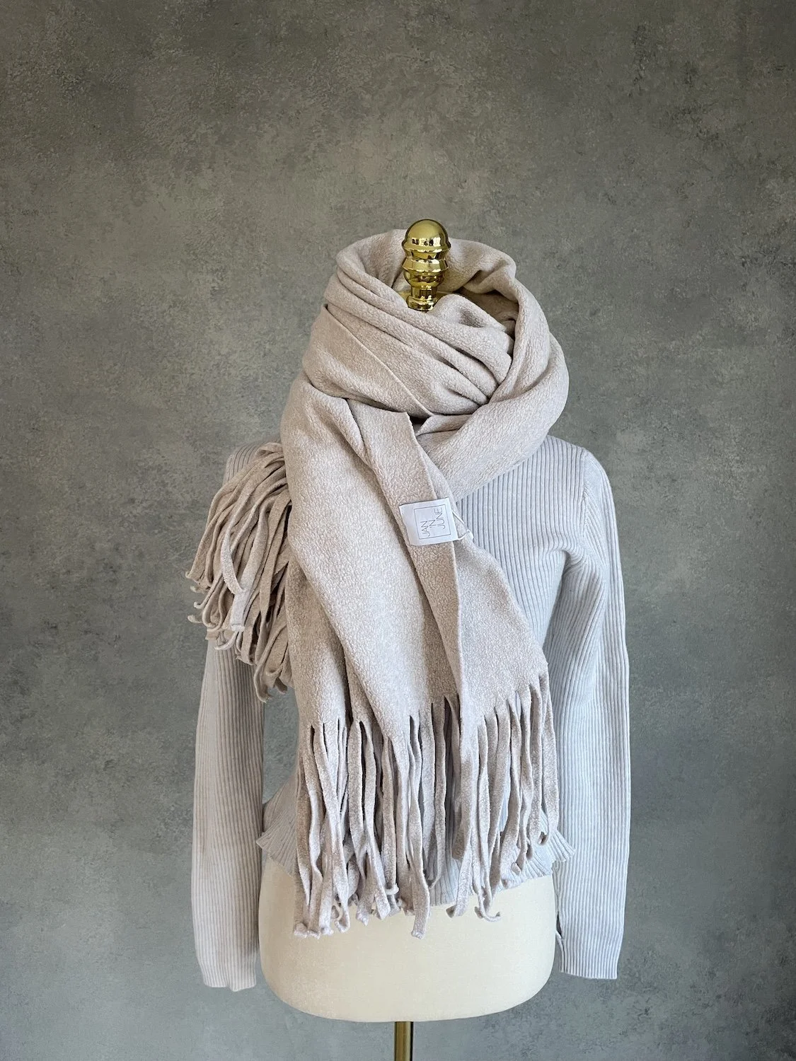 JAN 'N JUNE Oversized Knit Scarf with Fringe in Beige / Sand