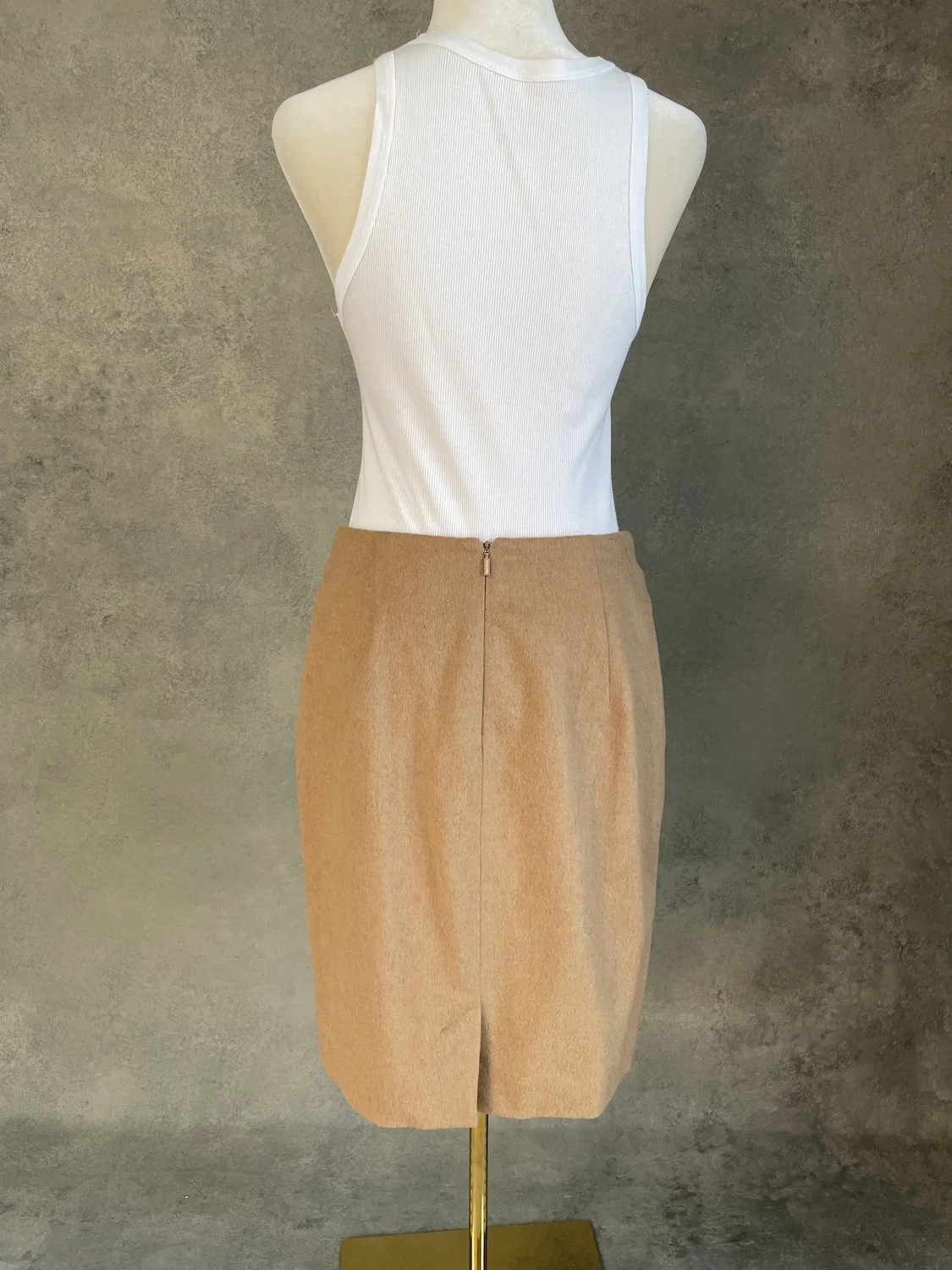 Max Mara camel wool-cashmere-camelhair pencil skirt back view with subtle center vent