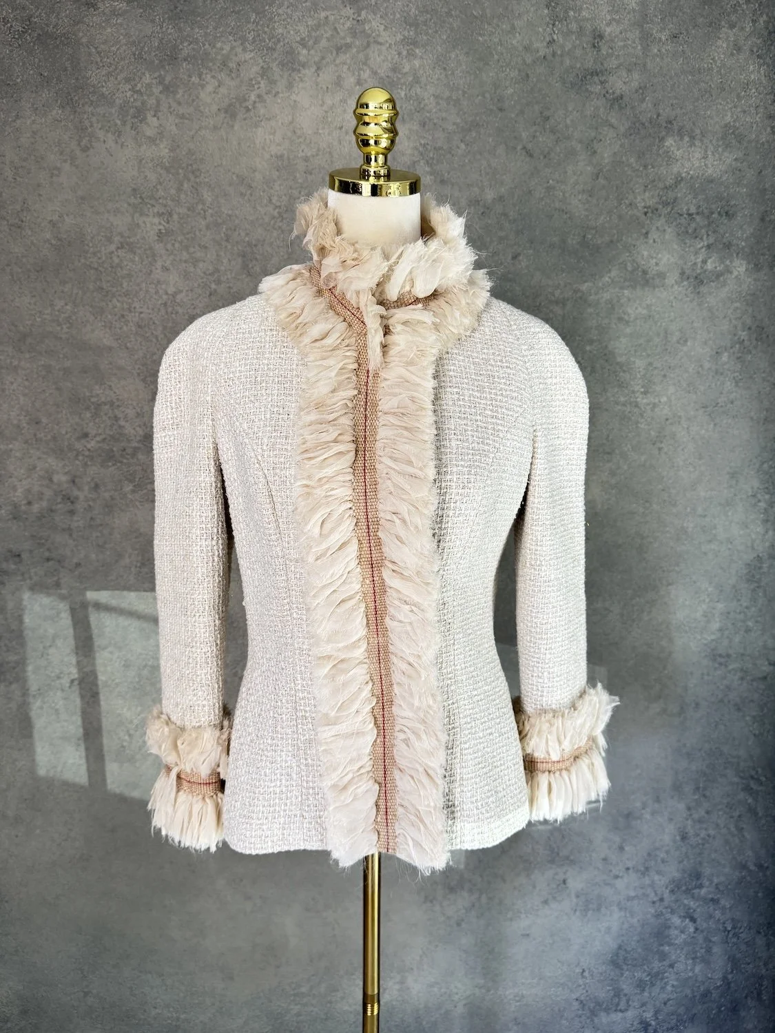 JANTAMINIAU Ruffled Tweed & Chiffon Fringe Blazer