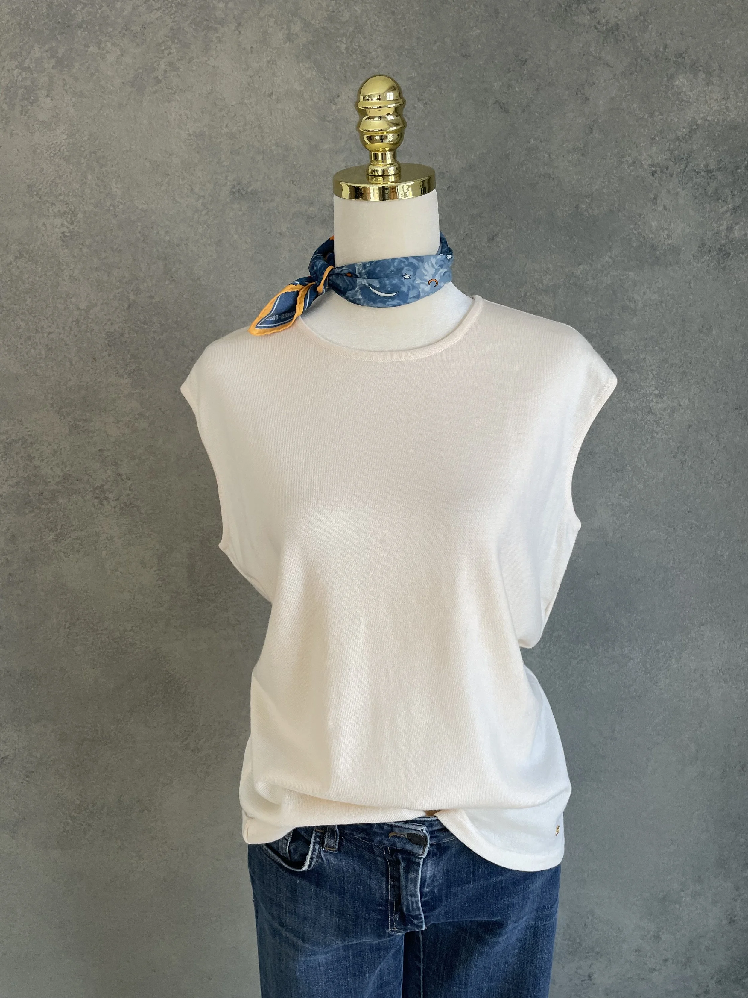 Full front view of the Escada beige wool top, highlighting the clean neckline and versatile sleeveless design