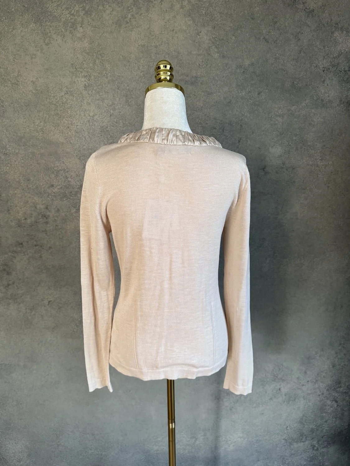 Back view of GUSTAV beige cotton long-sleeve knit top with clean panel seams