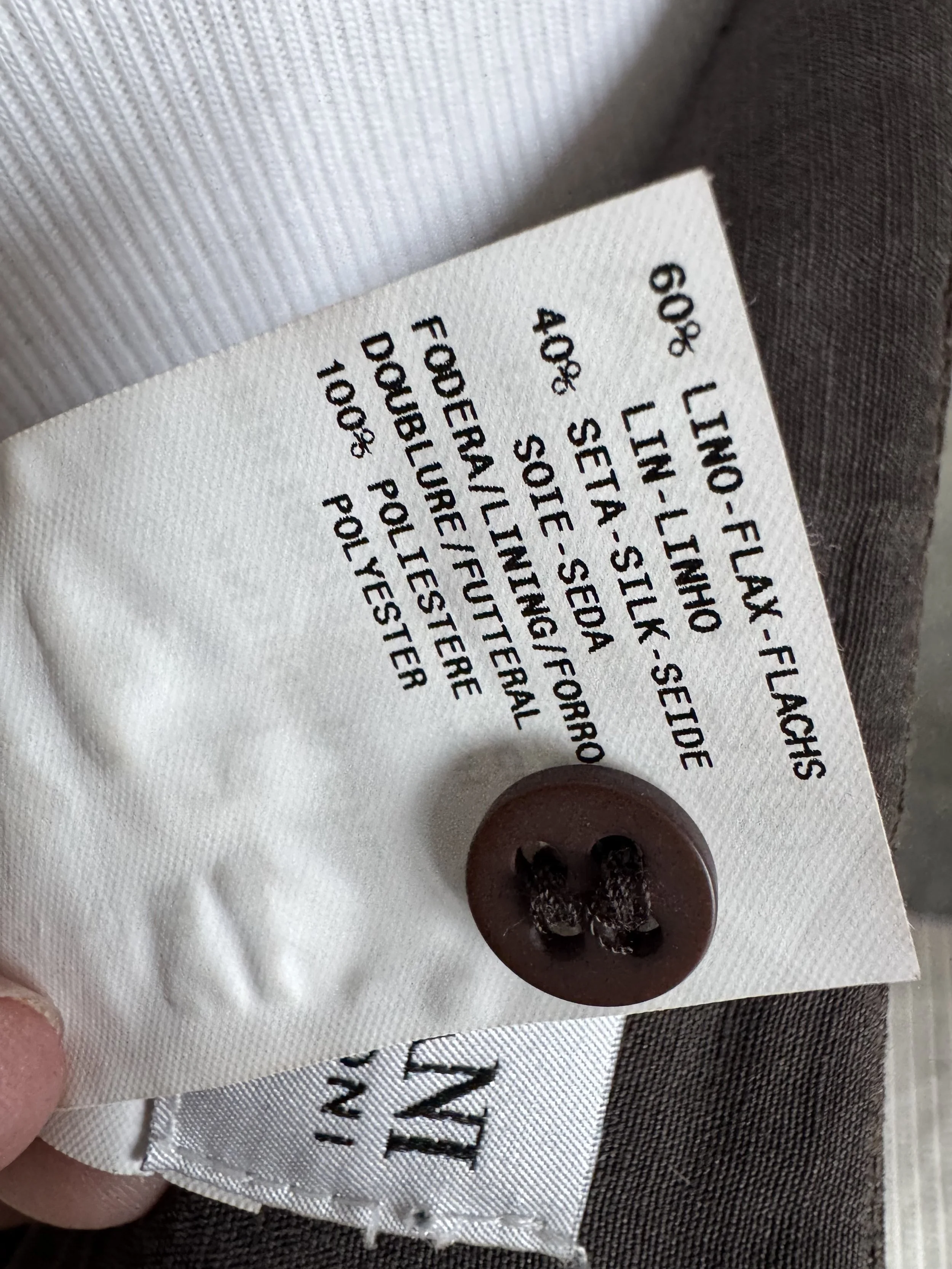 Materialzusammensetzungsetikett (60% Lino-Flax, 40% Seta-Silk).