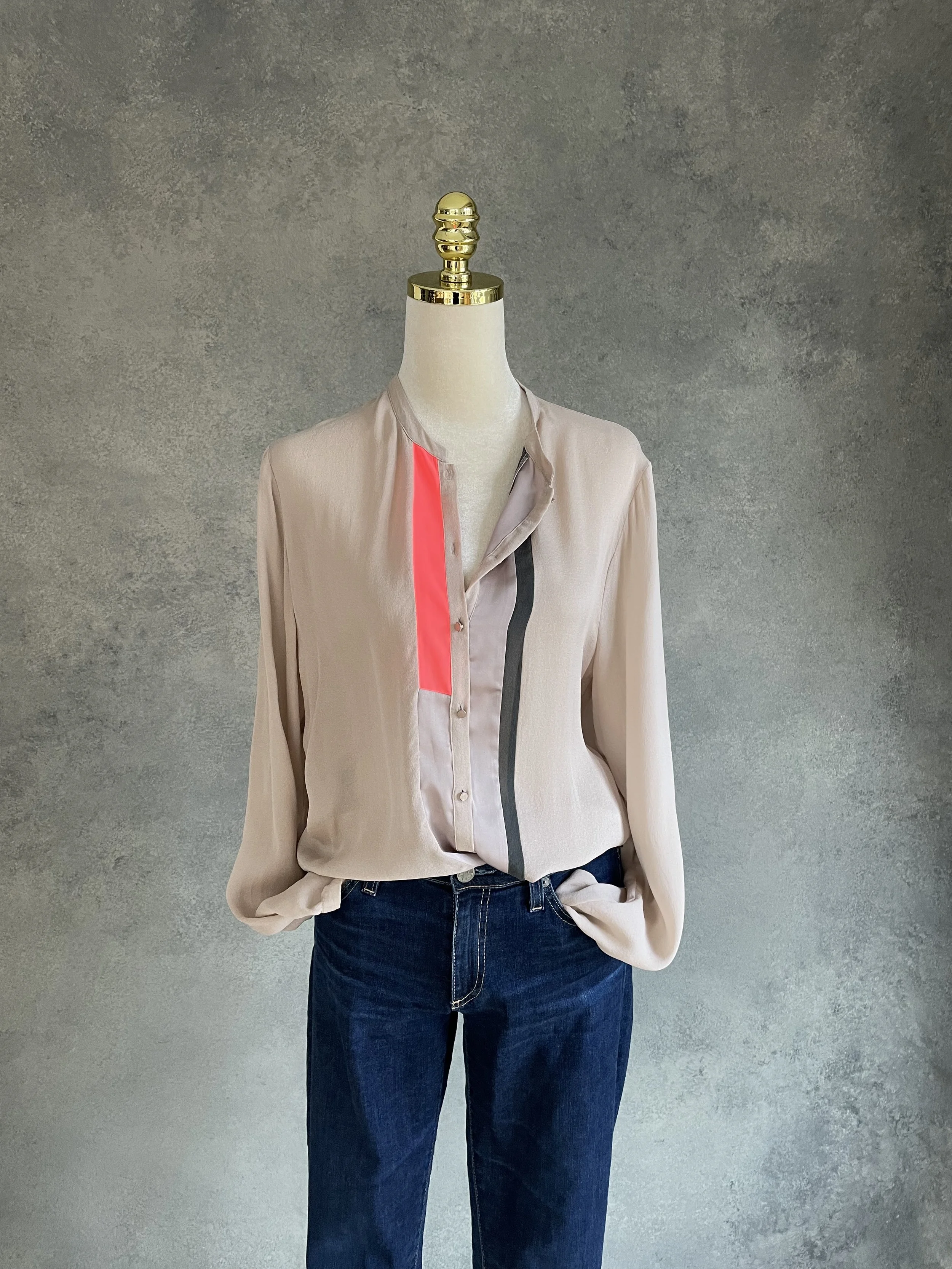 CUSTOMMADE Beige Silk Blouse with Neon Orange Panel