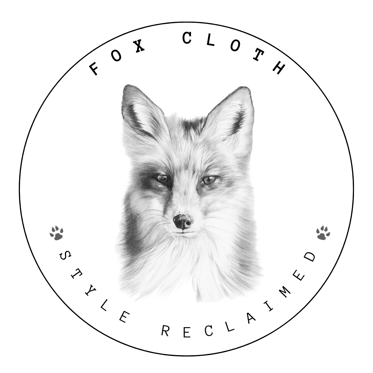 A circular logo with a black and white drawing of a fox's face in the center. The text around the border says 'FOX CLOTH' at the top and 'TAKE LE RECLAMED' at the bottom. There are small paw print icons on either side of the bottom text.