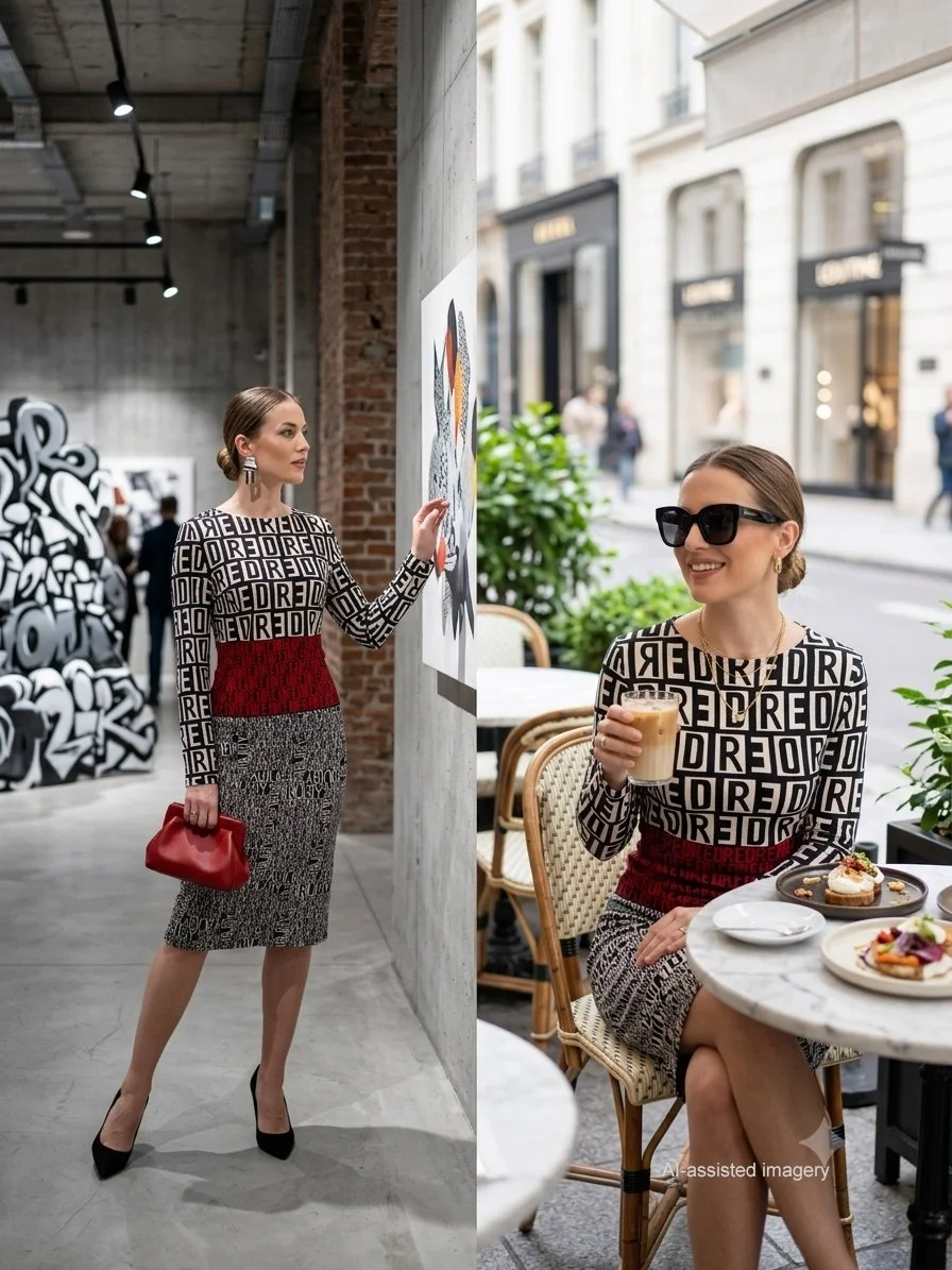 Ai generated image of Caroline Biss Grffiti dress worn by a human