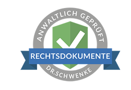 Seal with a green shield and a white checkmark, around which reads 'ANWALTLICH GEFÜHRT,' with a blue banner across the shield saying 'RECHTSDOKUMENTE.'