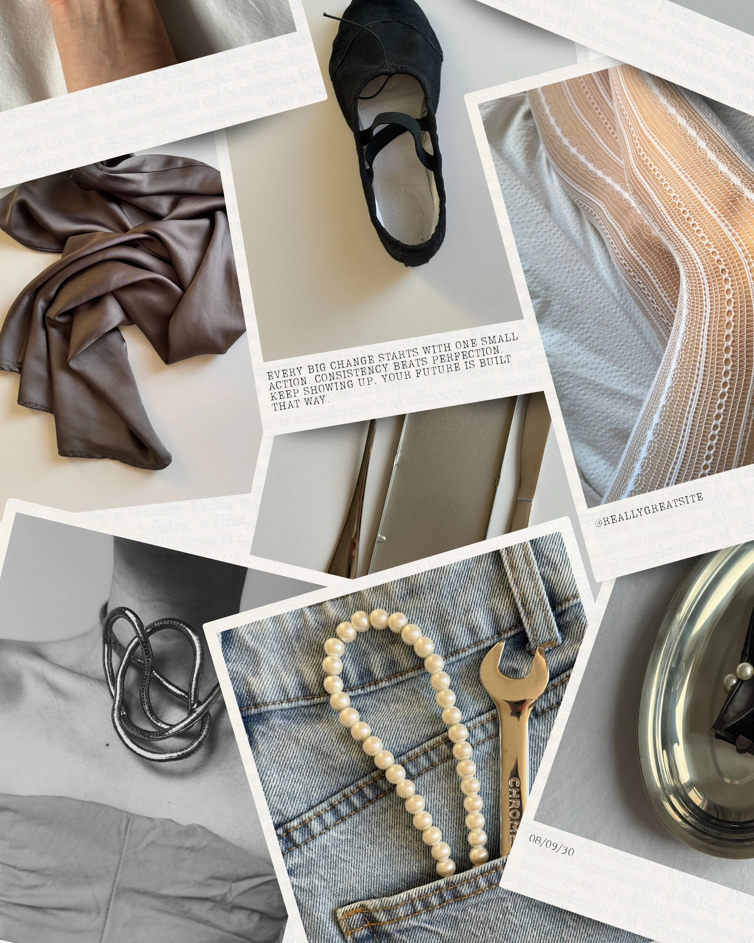 Collage of various fashion and style items including a draped satin fabric, a black ballet flat shoe, a pearl necklace, a gold hair clip, a striped lace fabric, and a metallic ring.